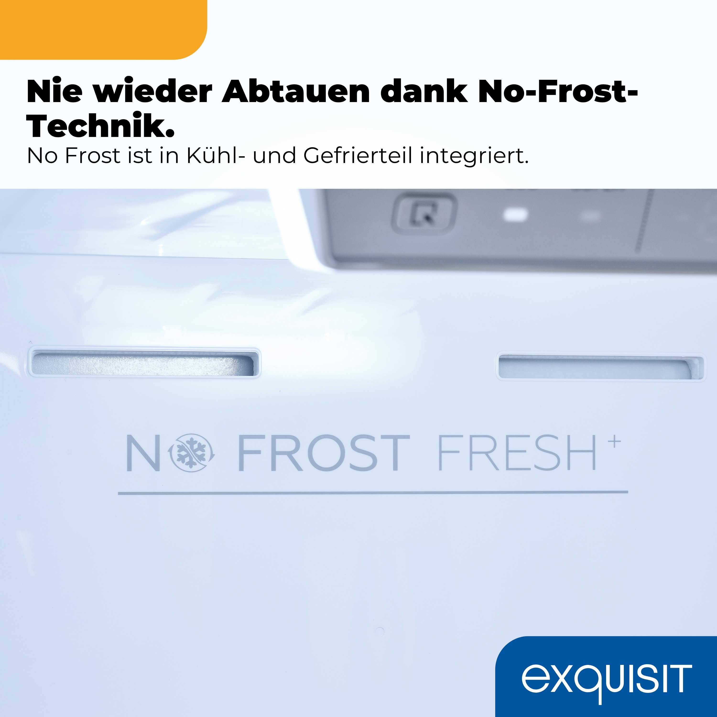 Ein Kühlschrank-Innenraum mit No-Frost-Technik-Logo und Exquisit-Schriftzug.