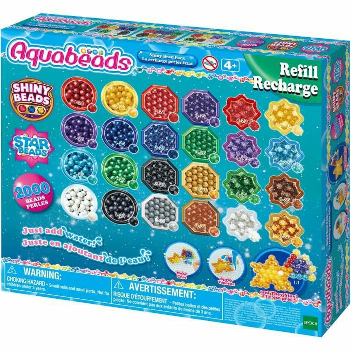 Verpackung von Aquabeads mit vielen bunten Perlen in verschiedenen Fächern.