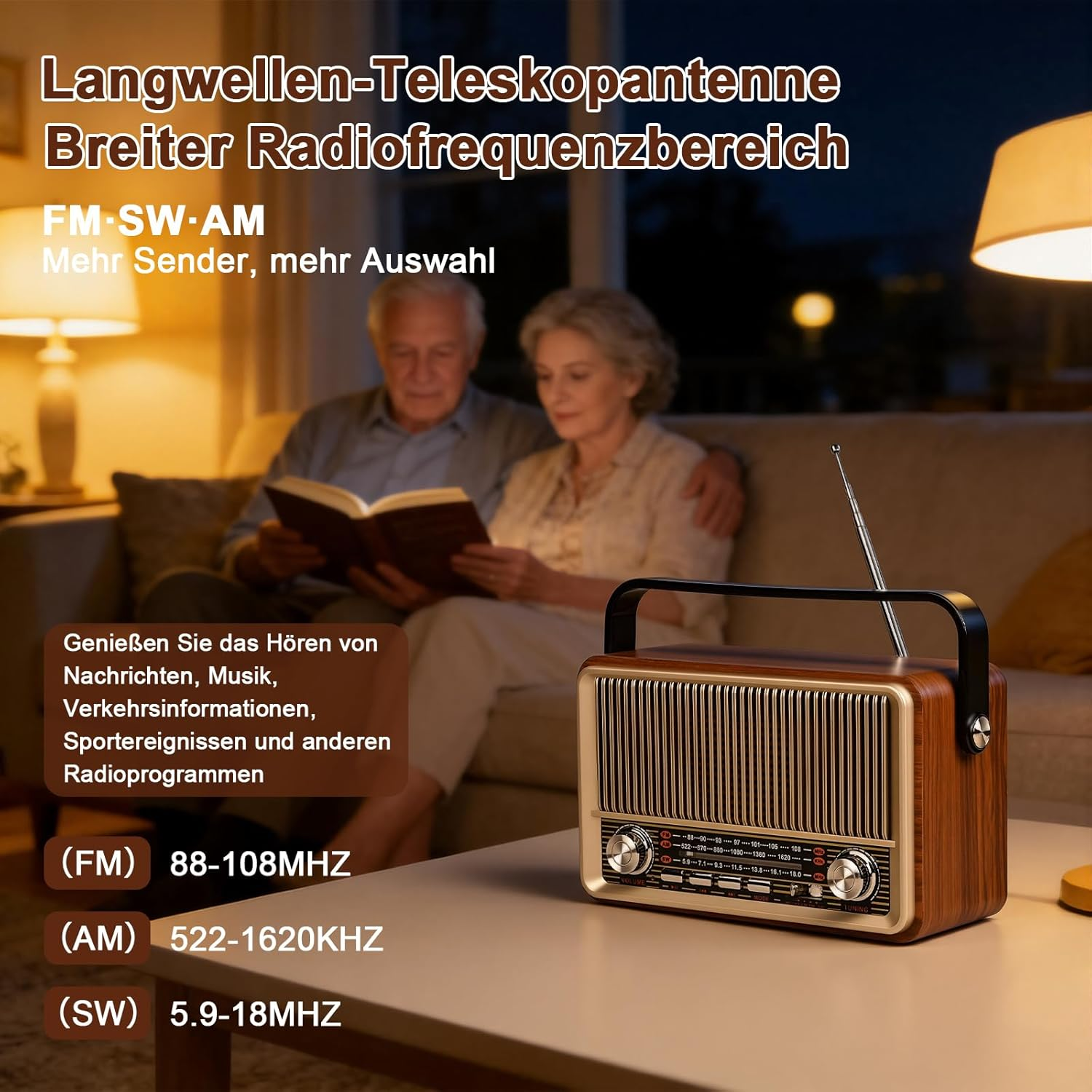 Ein altes Radio steht auf einem Tisch, im Hintergrund ein Paar.
