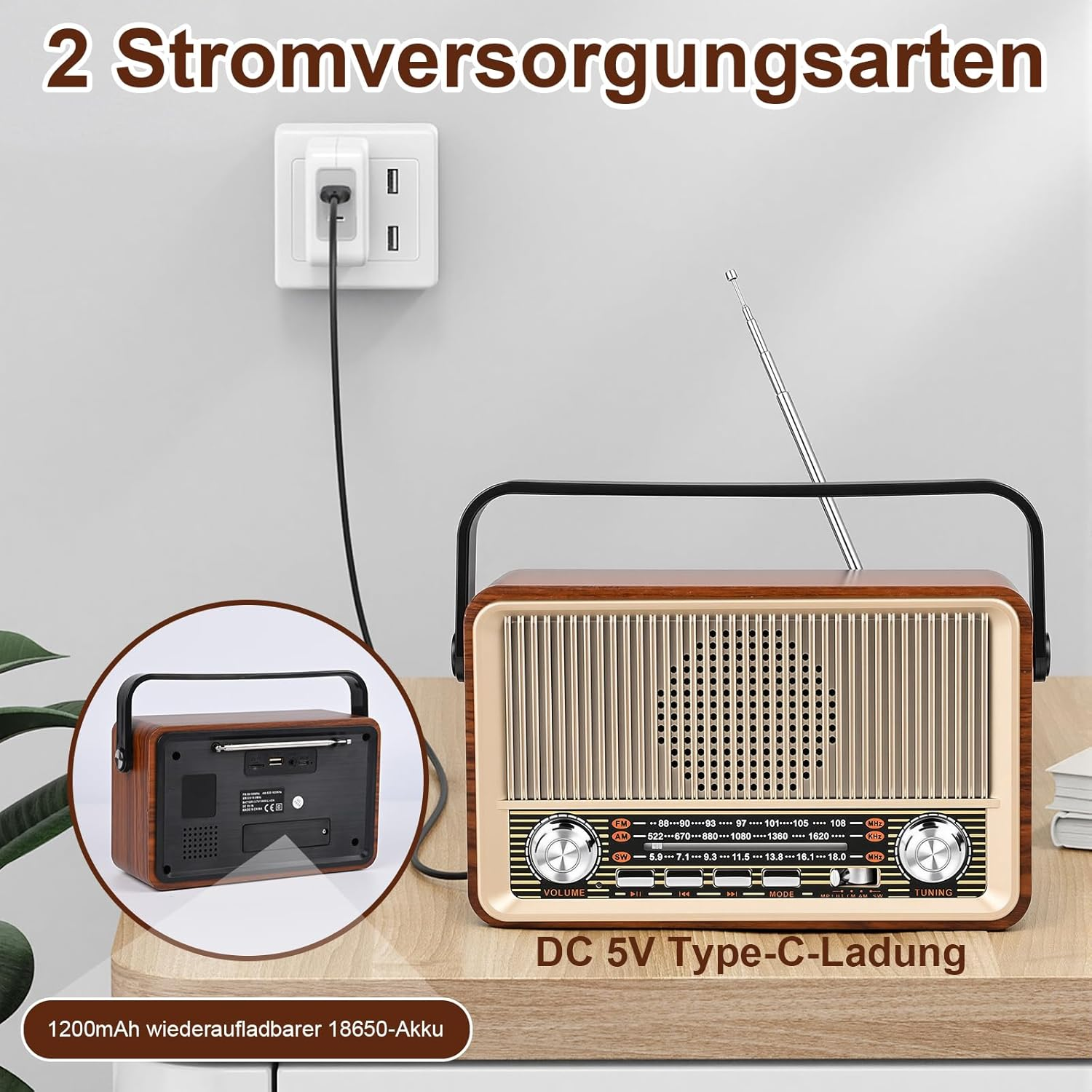 Retro-Radio mit Holzoptik, lädt per USB-C und hat einen Akku.