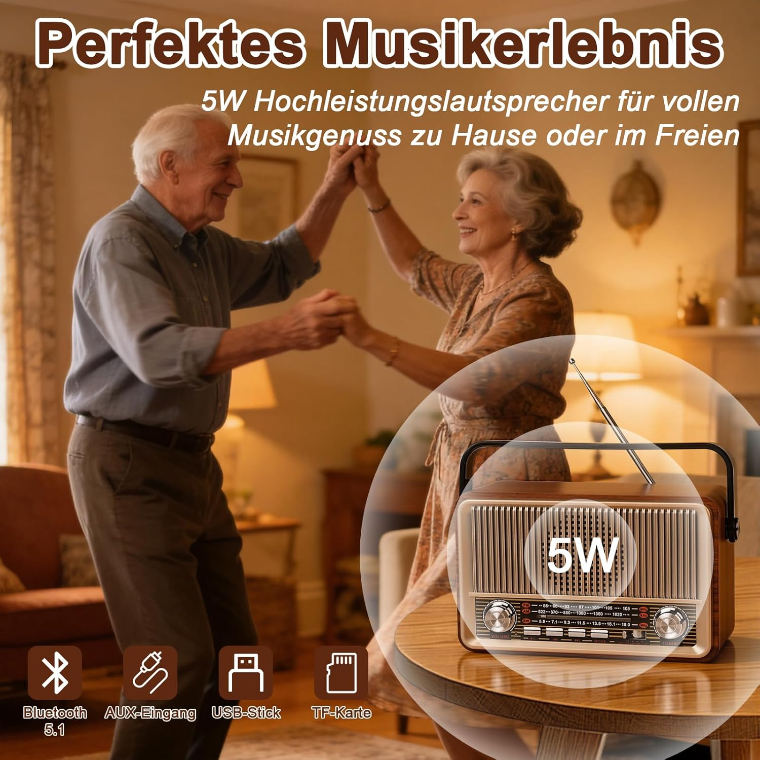 Älteres Paar tanzt. Vintage Radio mit 5W Lautsprecher. Bluetooth, AUX, USB, TF-Karte.