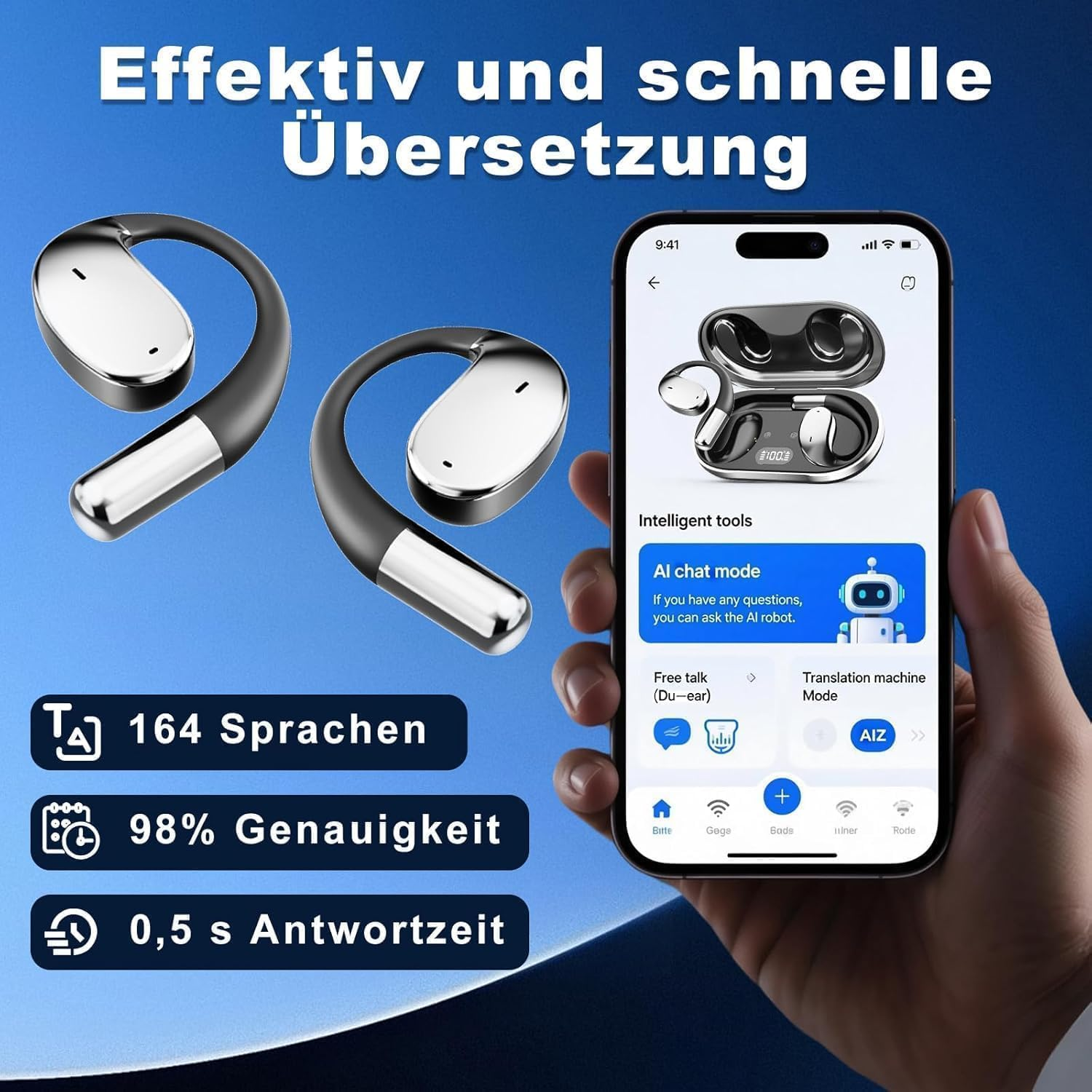 Ohrhörer mit Ladehülle und App-Funktionen: 164 Sprachen, 98% Genauigkeit, 0,5s Antwortzeit.