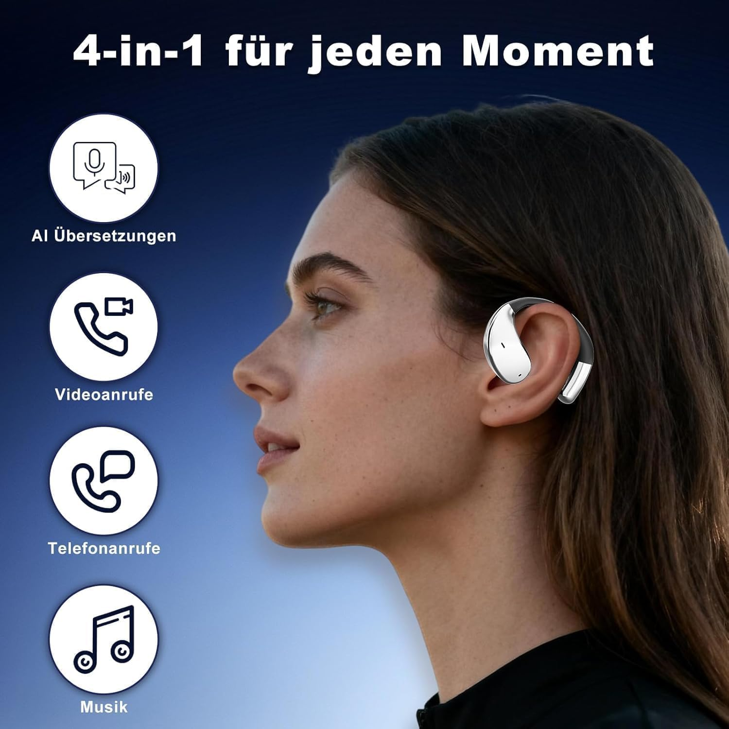 Frau mit weißem Earbud, Icons für Übersetzungen, Video- und Telefonanrufe, Musik.