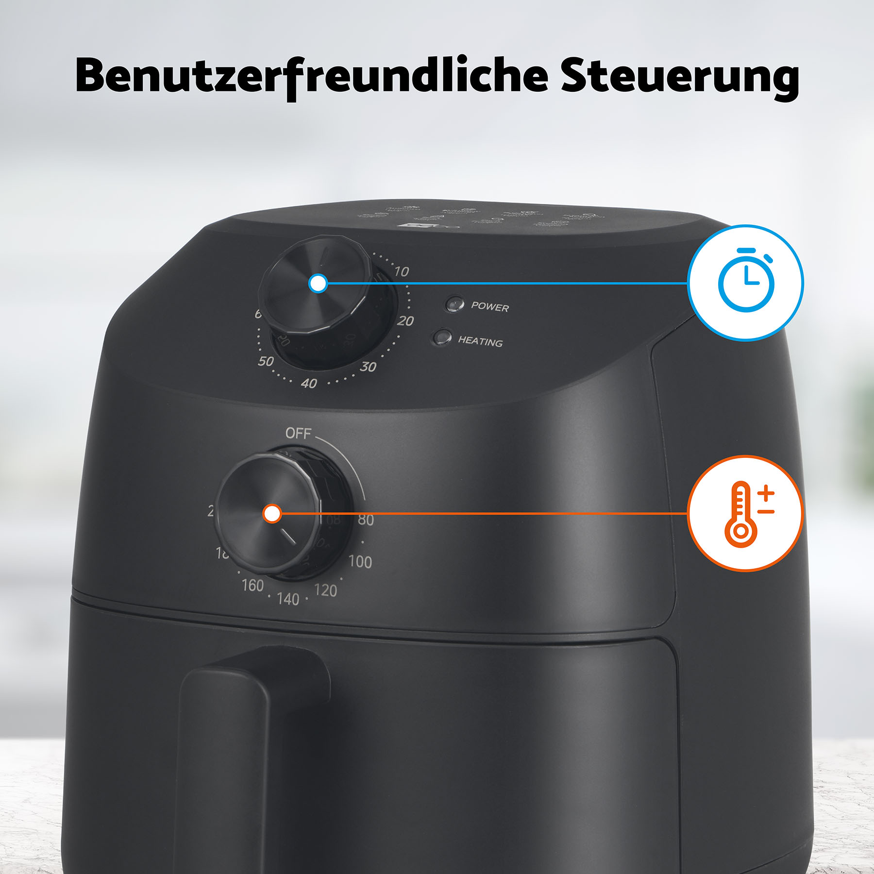 Schwarze Heißluftfritteuse mit zwei Drehreglern für Zeit und Temperatur.