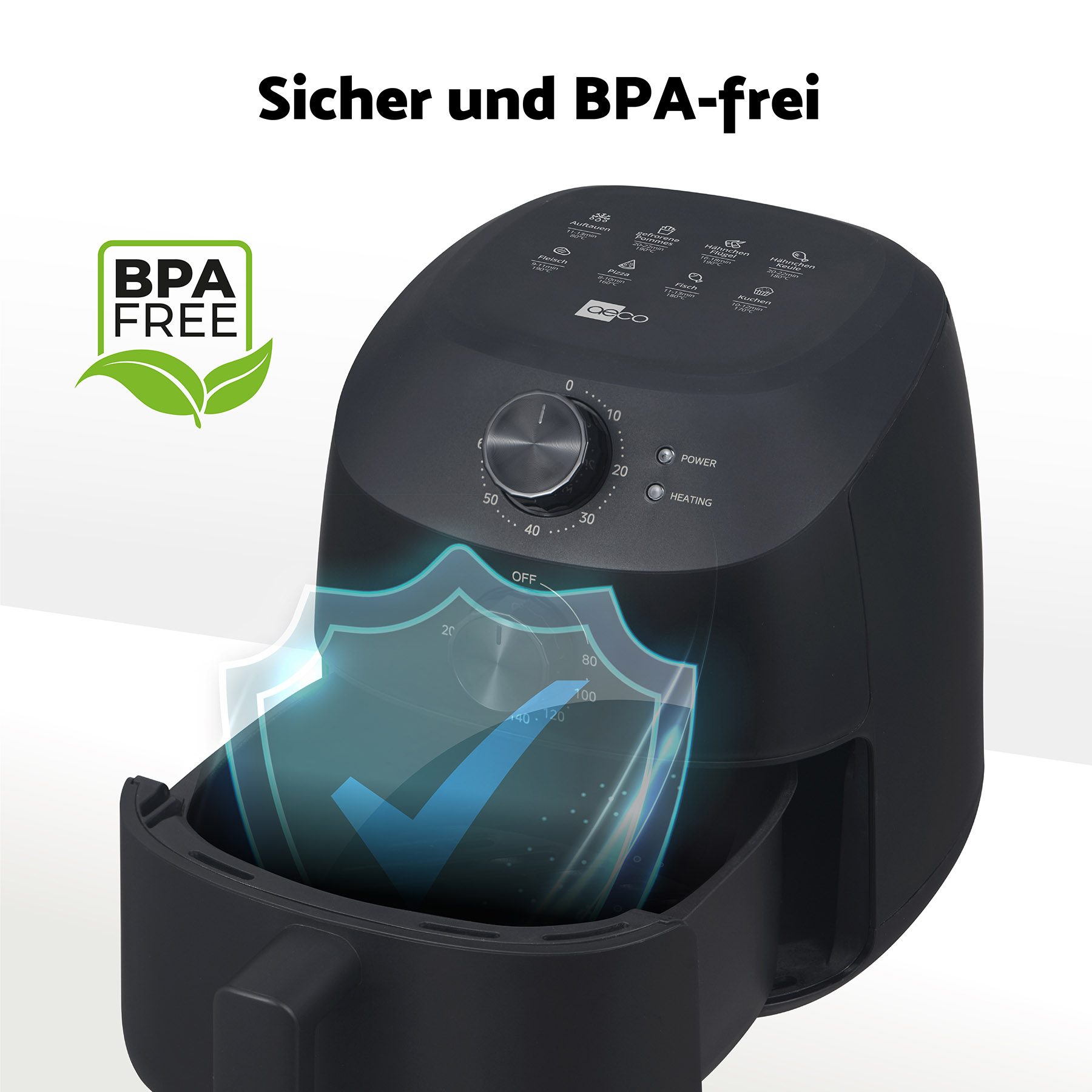 Schwarze Heißluftfritteuse mit BPA-frei-Siegel und Bedienfeld mit Drehregler.