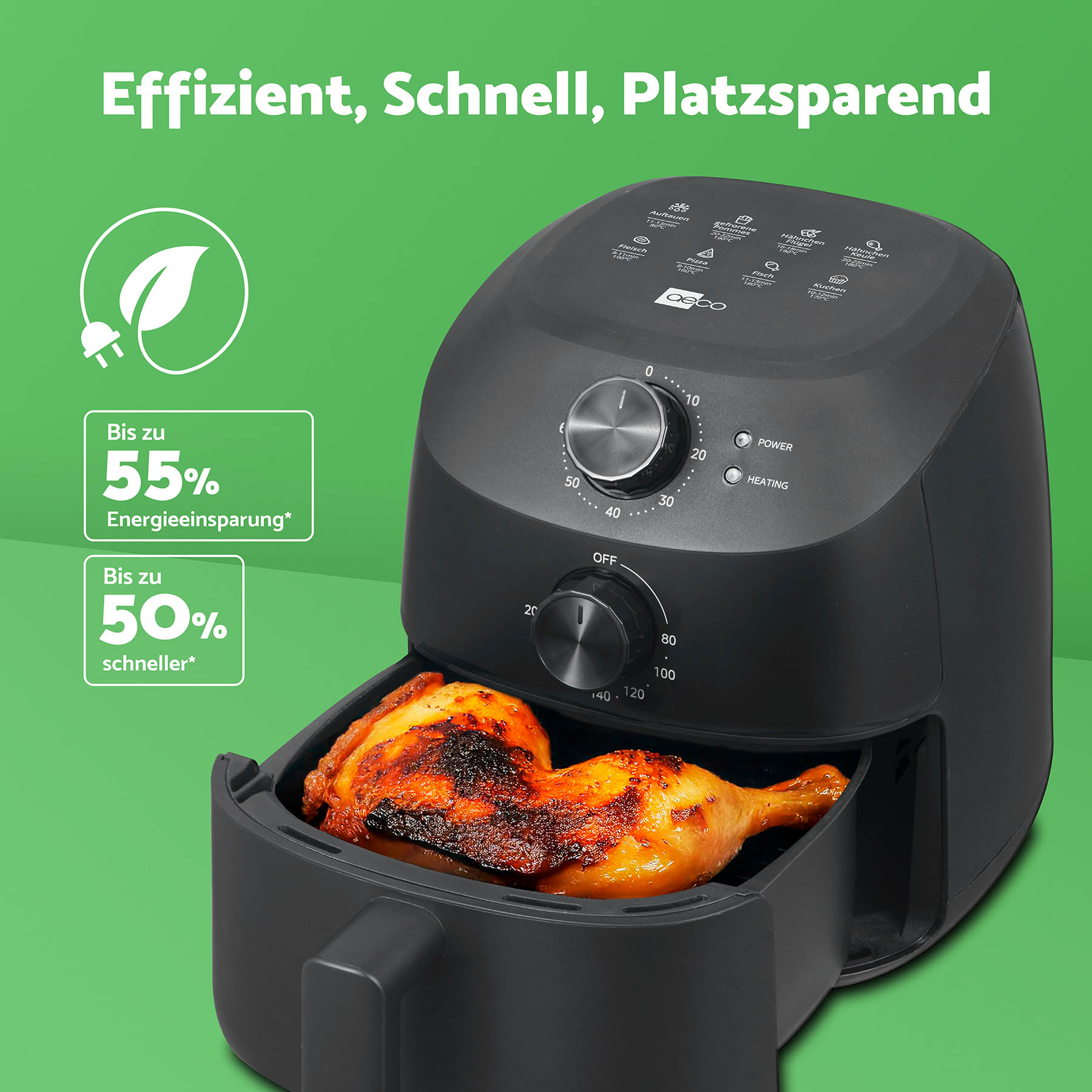 Schwarze Heißluftfritteuse mit gebratenem Hähnchen. Effizient, schnell, platzsparend.