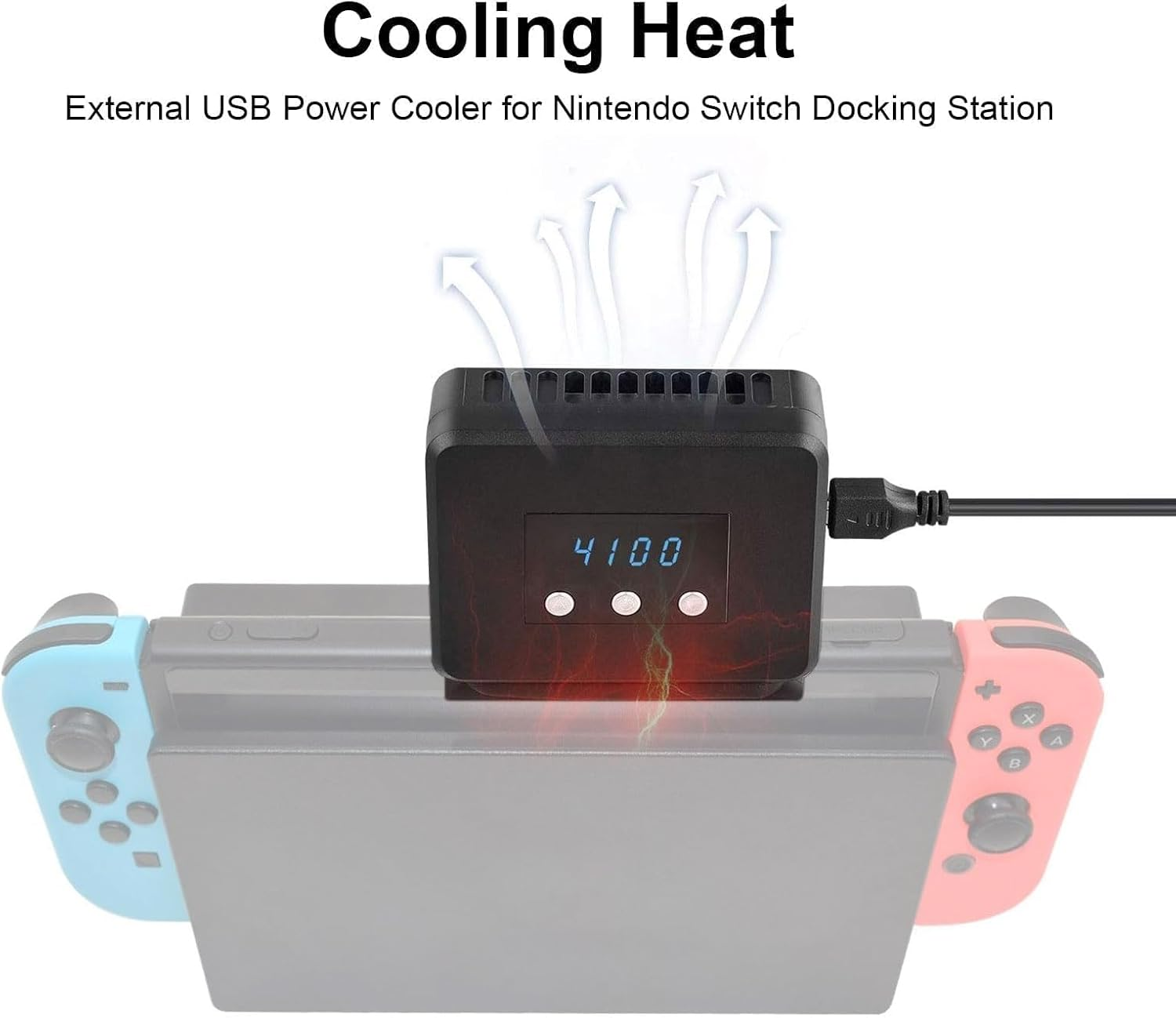 Ein schwarzer USB-Kühler mit Display über einer Nintendo Switch Dockingstation.