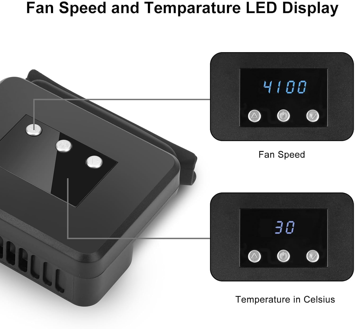 Schwarzer Lüftergeschwindigkeitsregler mit LED-Anzeigen: 4100 für Geschwindigkeit, 30 für Temp.