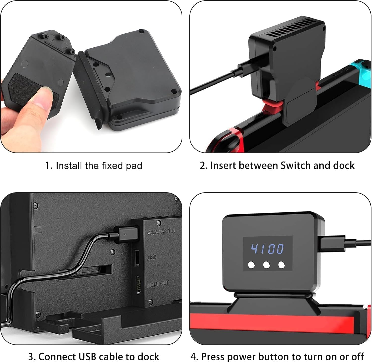 Anleitung zeigt: Pad anbringen, Gerät zwischen Switch und Dock stecken, USB verbinden, Stromknopf drücken.