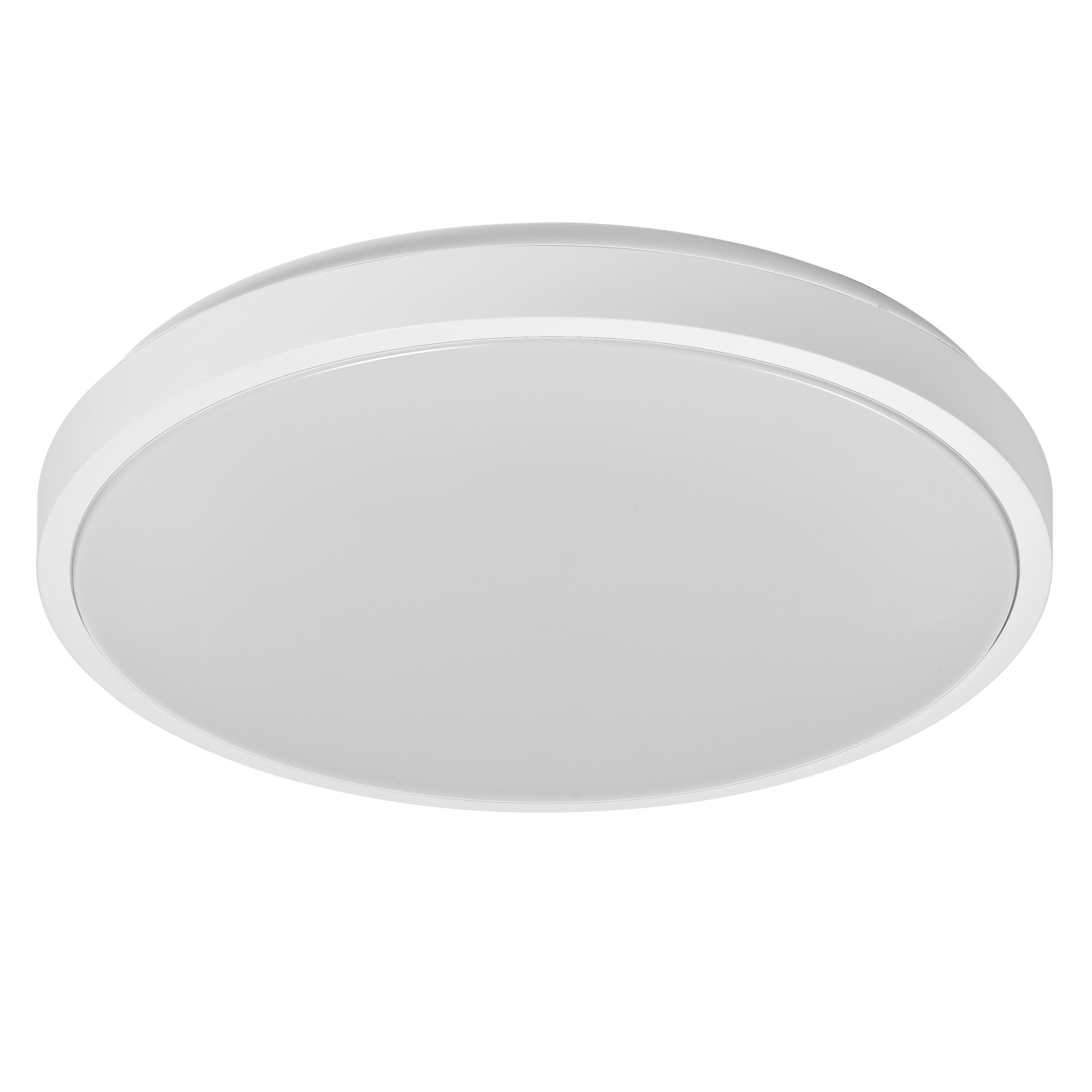 Eine weiße, runde, moderne Deckenleuchte mit mattiertem Diffusor und silbernem Rand.