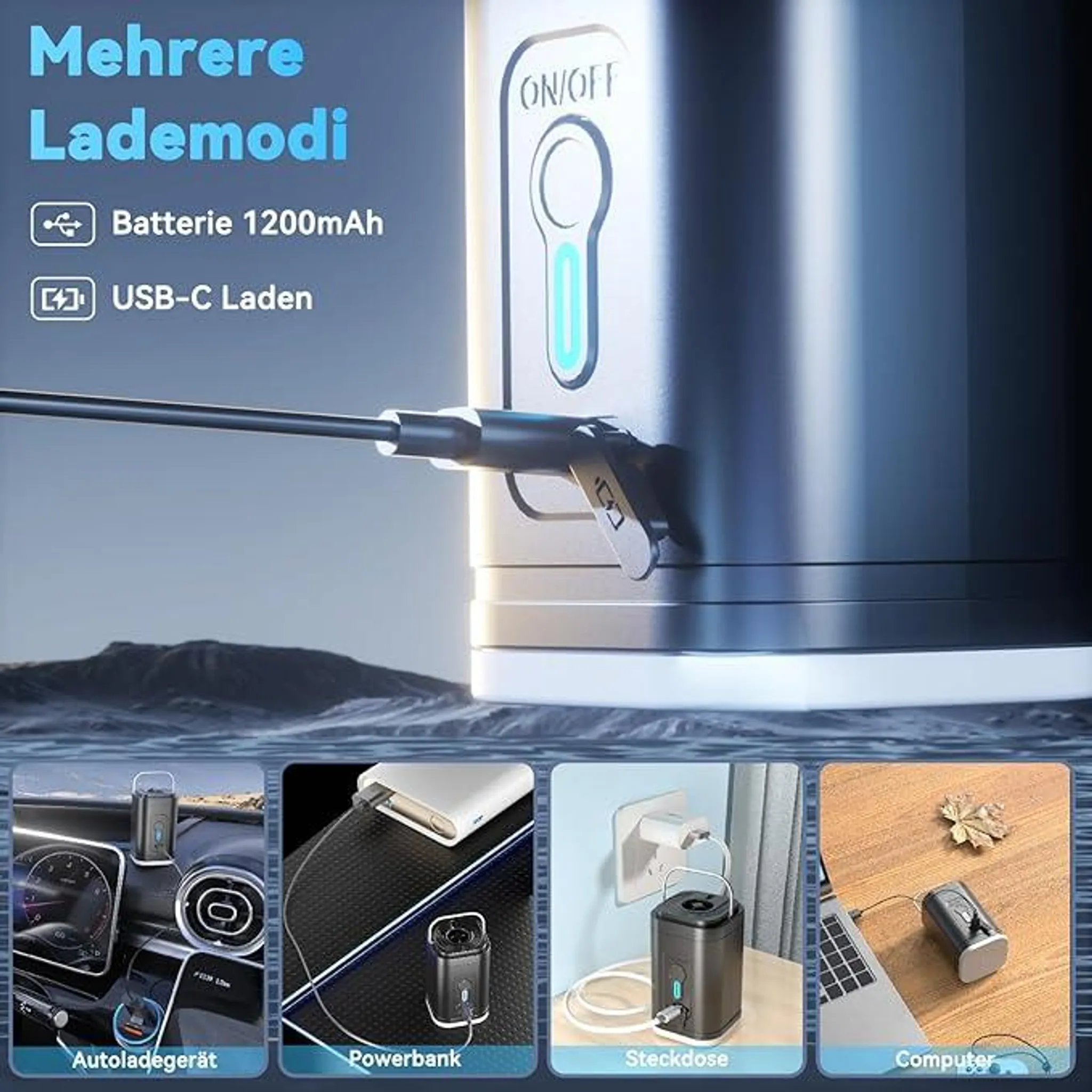 Mehrere Lademodi mit Batterie 1200mAh und USB-C. Geräte laden im Auto, Powerbank, Steckdose, Computer.