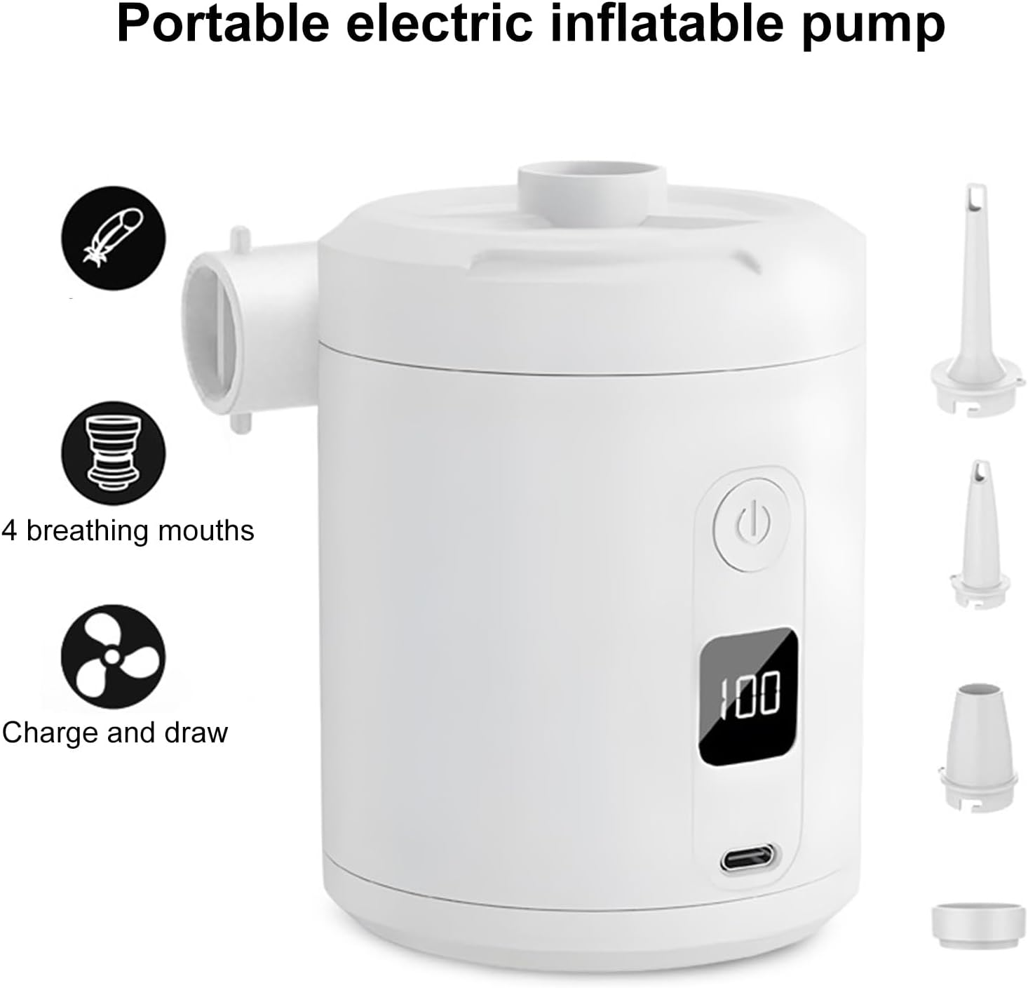 Ein weißer elektrischer aufblasbarer Pumpenprototyp mit digitalen Anzeigen und verschiedenen Aufsätzen.
