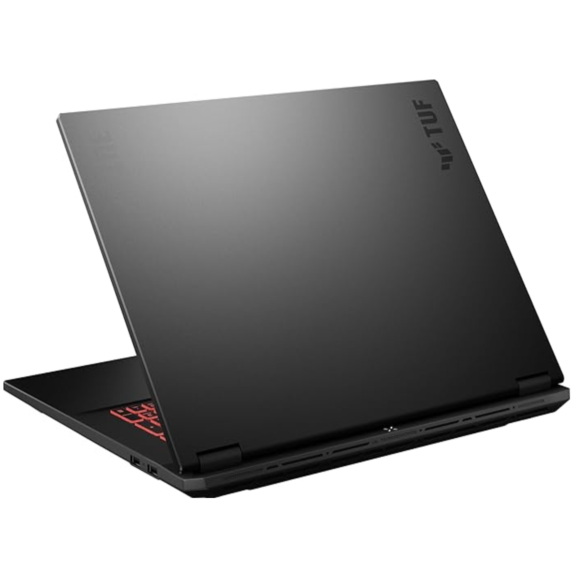 Ein schwarzer Laptop ist geöffnet und zeigt die rote Tastatur.