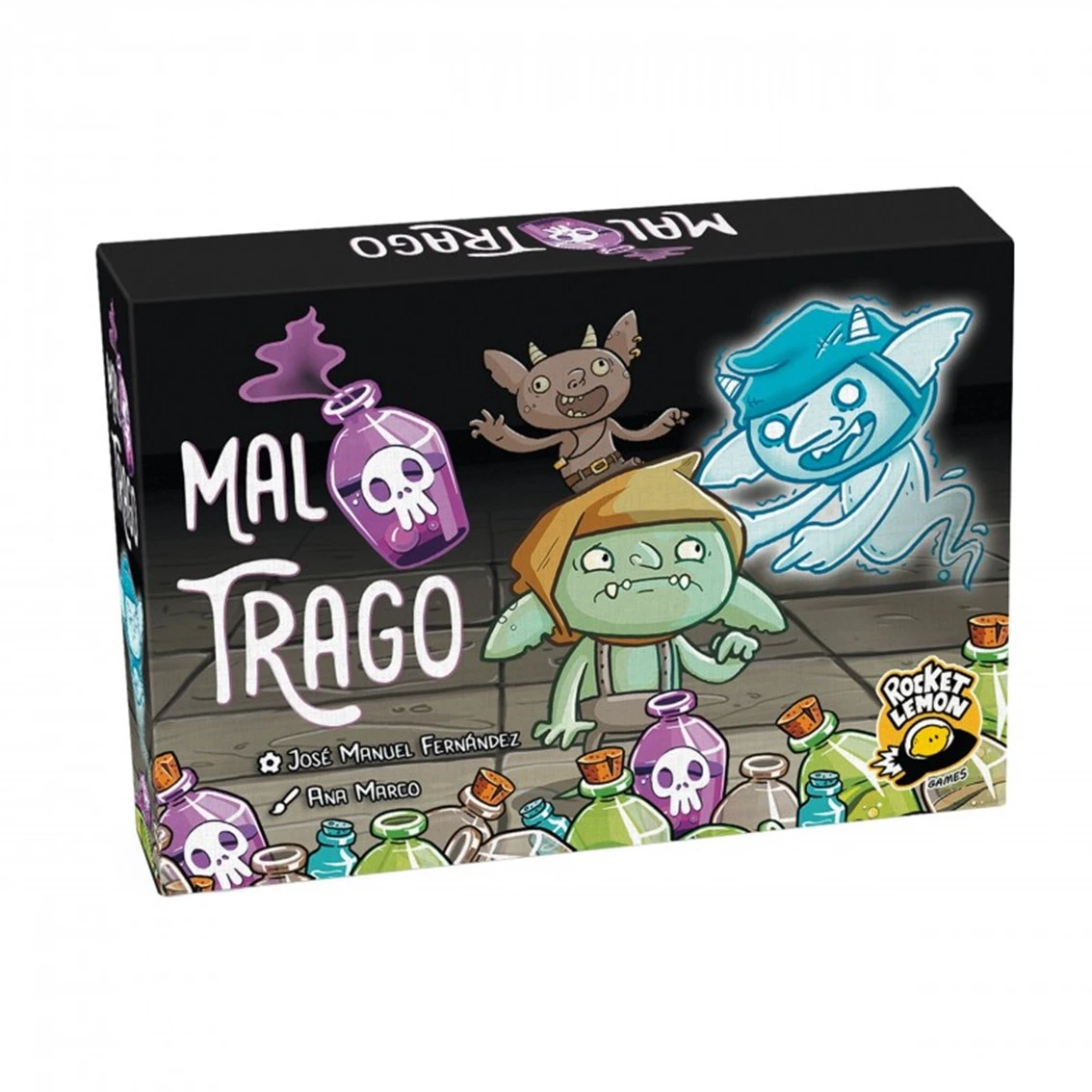 Caja de juego de mesa con duendes, un fantasma y pociones. El título es Mal Trago.