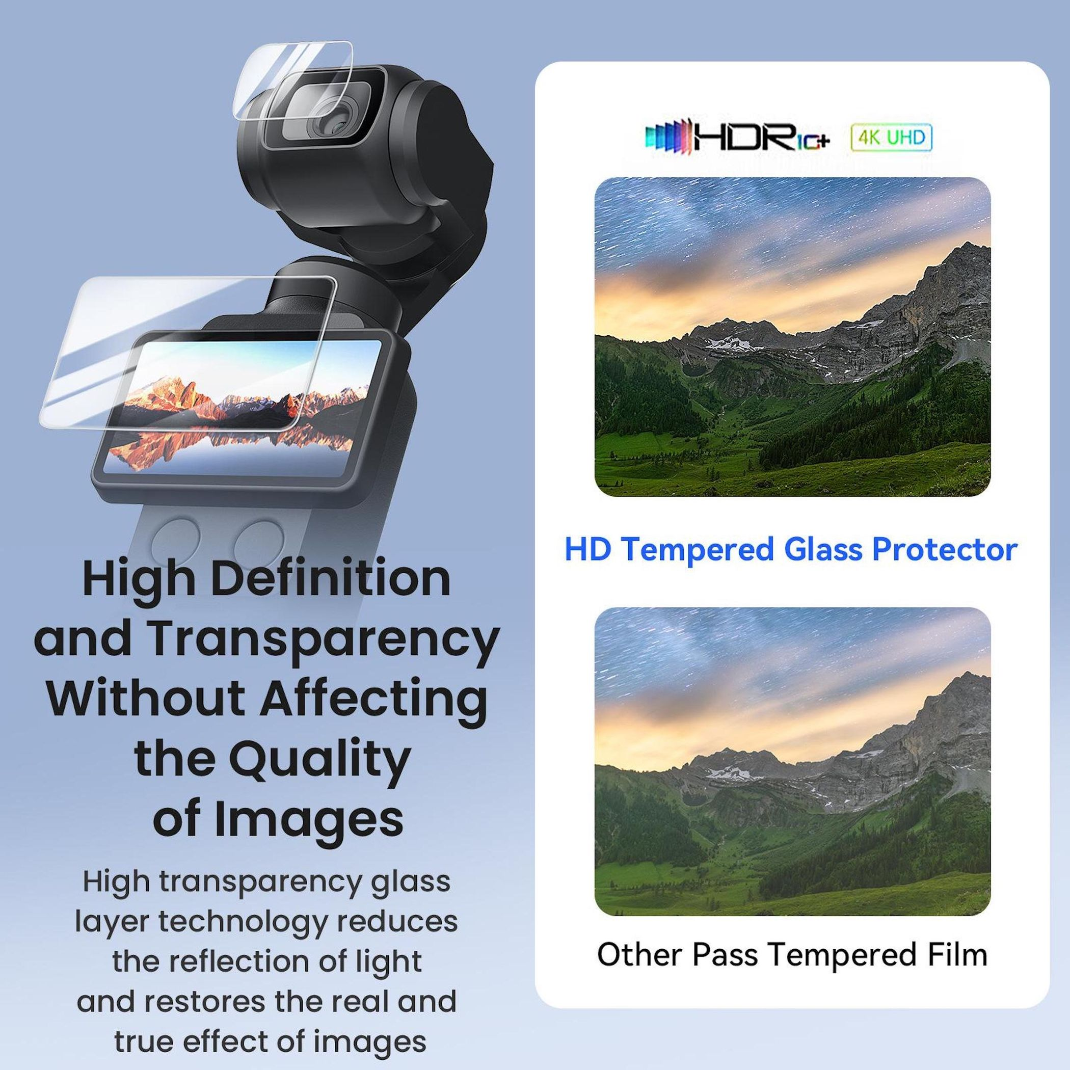 Gimbal con protezioni schermo e lente. Immagini di paesaggi per 4K UHD.