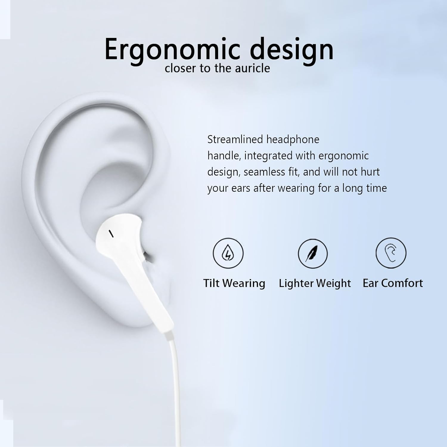 Weiße Ohrhörer im Ohr, mit Text über ergonomisches Design.