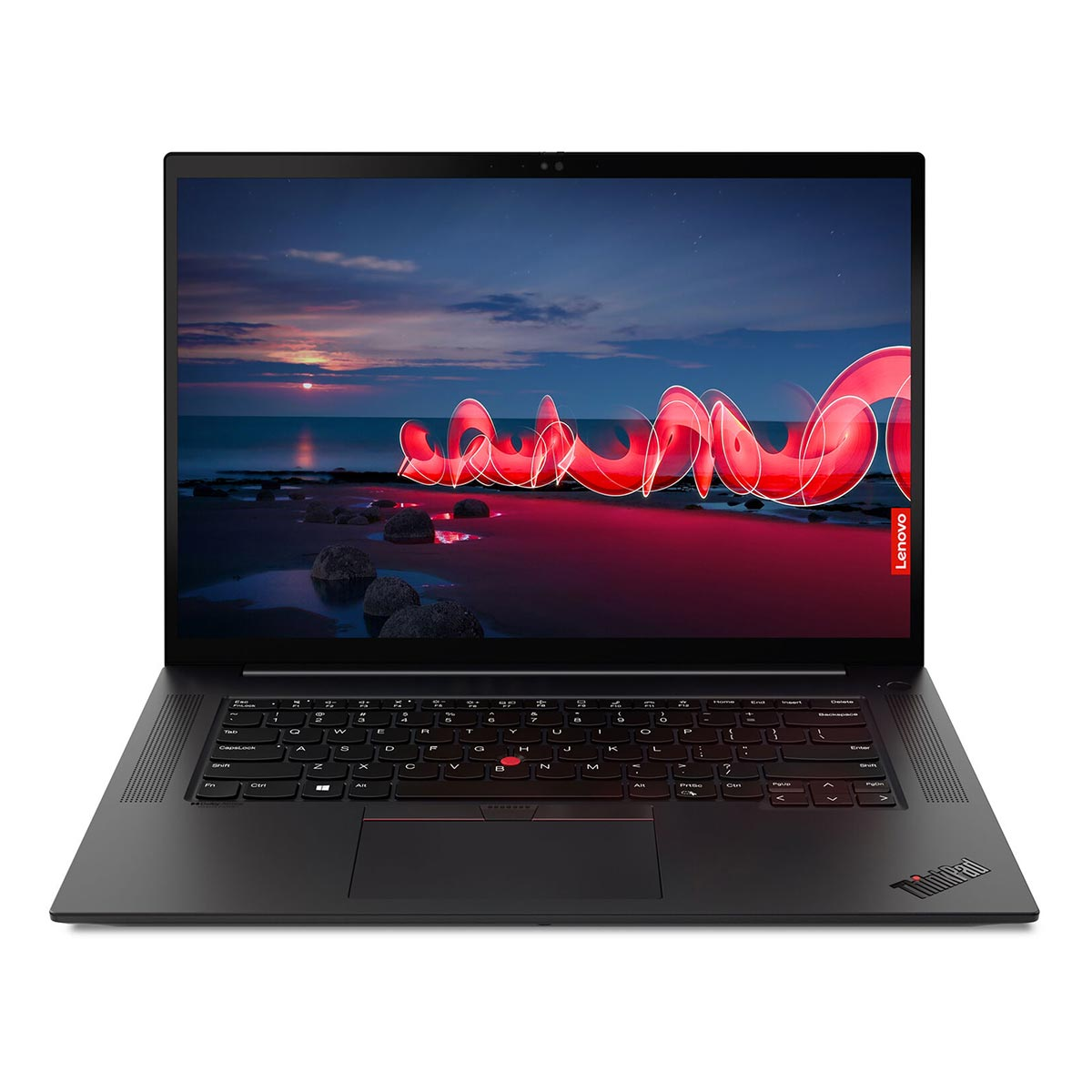 Czarny laptop Lenovo z tapetą plaży o zachodzie słońca i czerwonymi smugami światła.