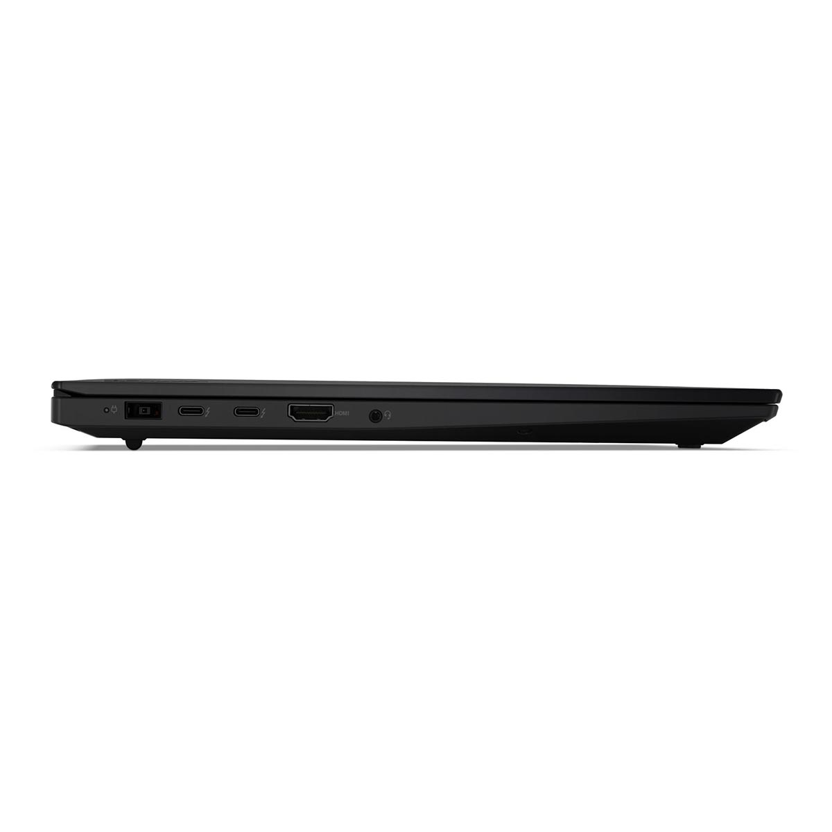 Boczny widok czarnego laptopa z portami USB-C, HDMI i słuchawkowym.