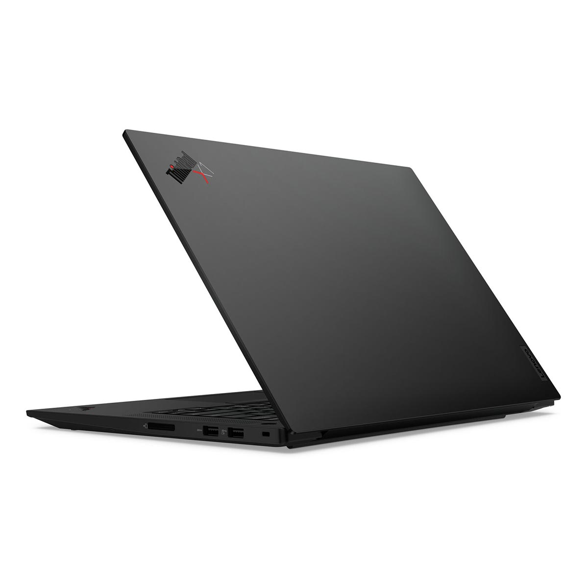 Czarny laptop z otwartą pokrywą, zbliżenie na porty i logo.