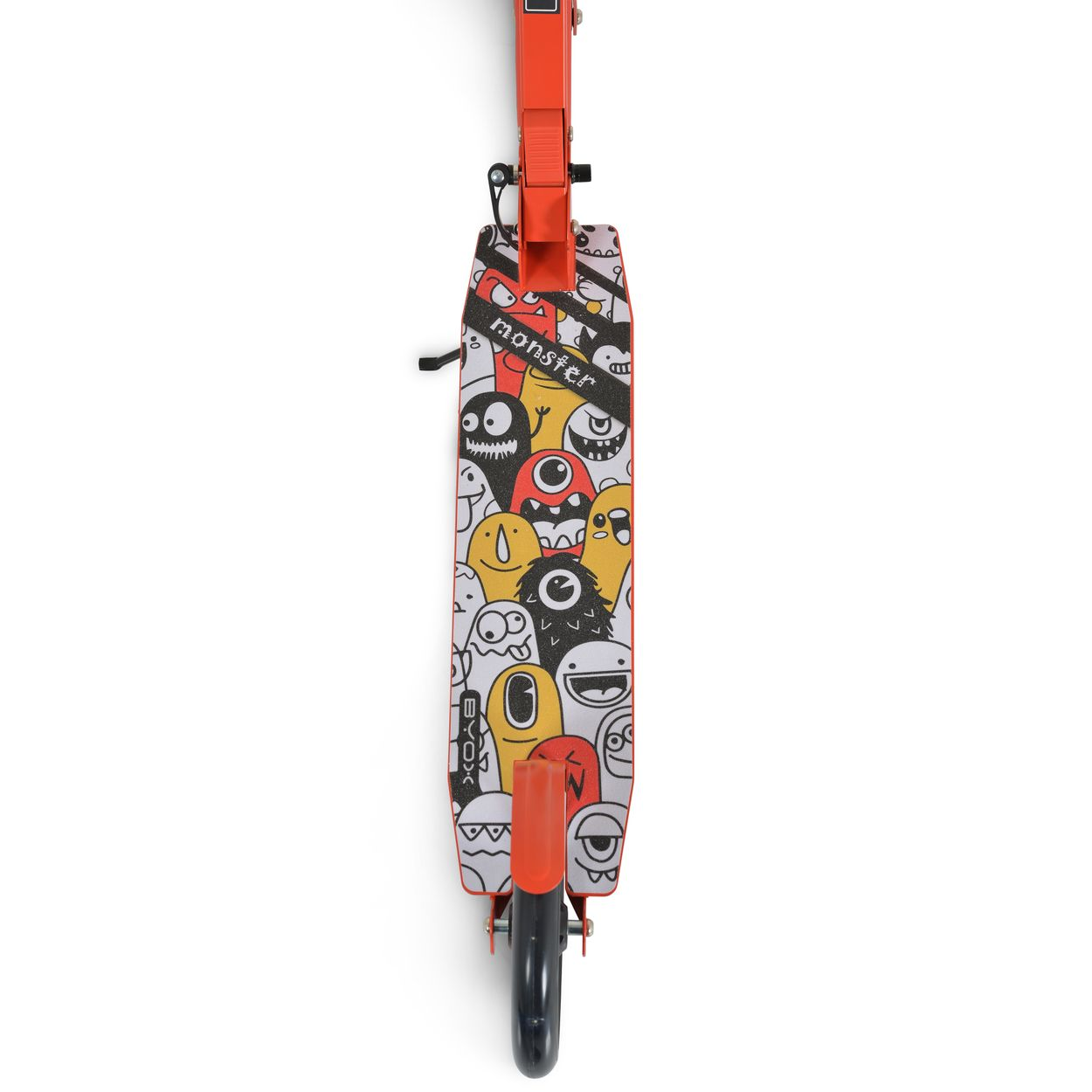 Ein roter Roller mit einem bunten Monster-Design und der Aufschrift „monster“.