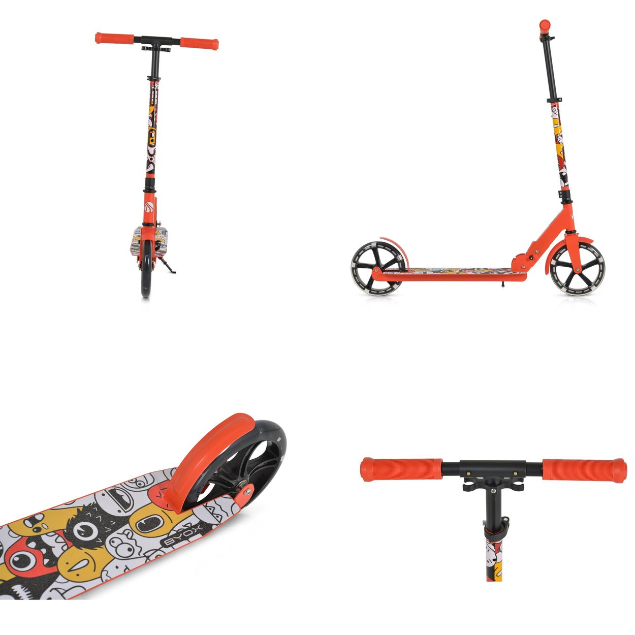 Ein roter Roller mit Cartoon-Motiven auf dem Trittbrett und Lenker.