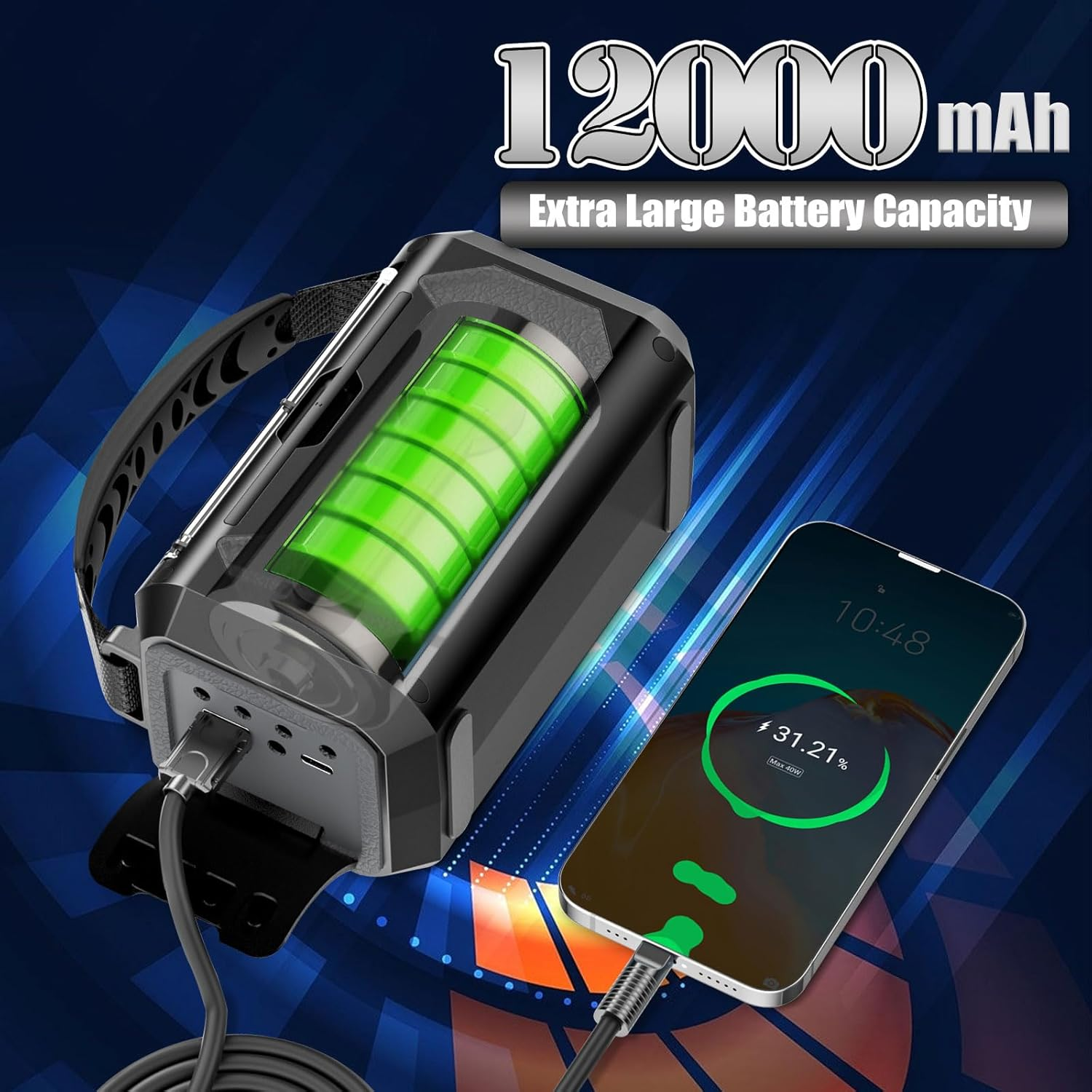Eine tragbare Powerbank mit 12000 mAh Kapazität lädt ein Smartphone auf.