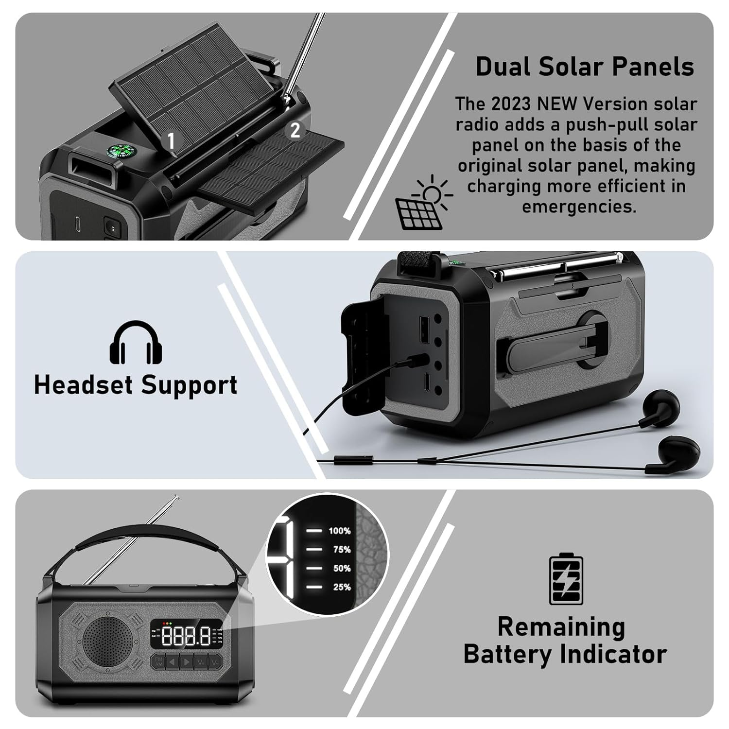 Solarradio mit zwei Solarpanels, Kopfhöreranschluss und Batteriestandsanzeige.