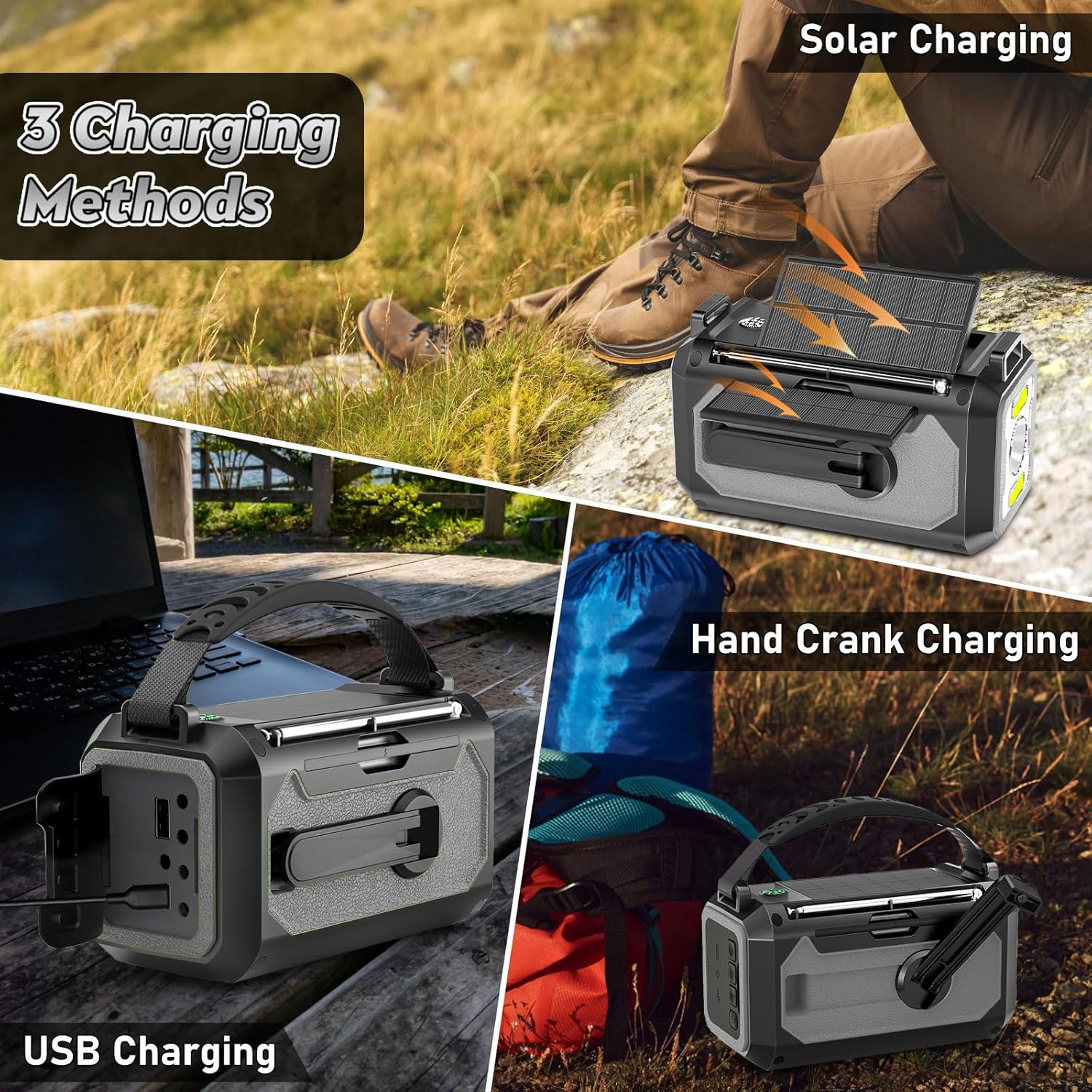 Ein multifunktionales Gerät mit drei Lademethoden: Solar, USB und Handkurbel.