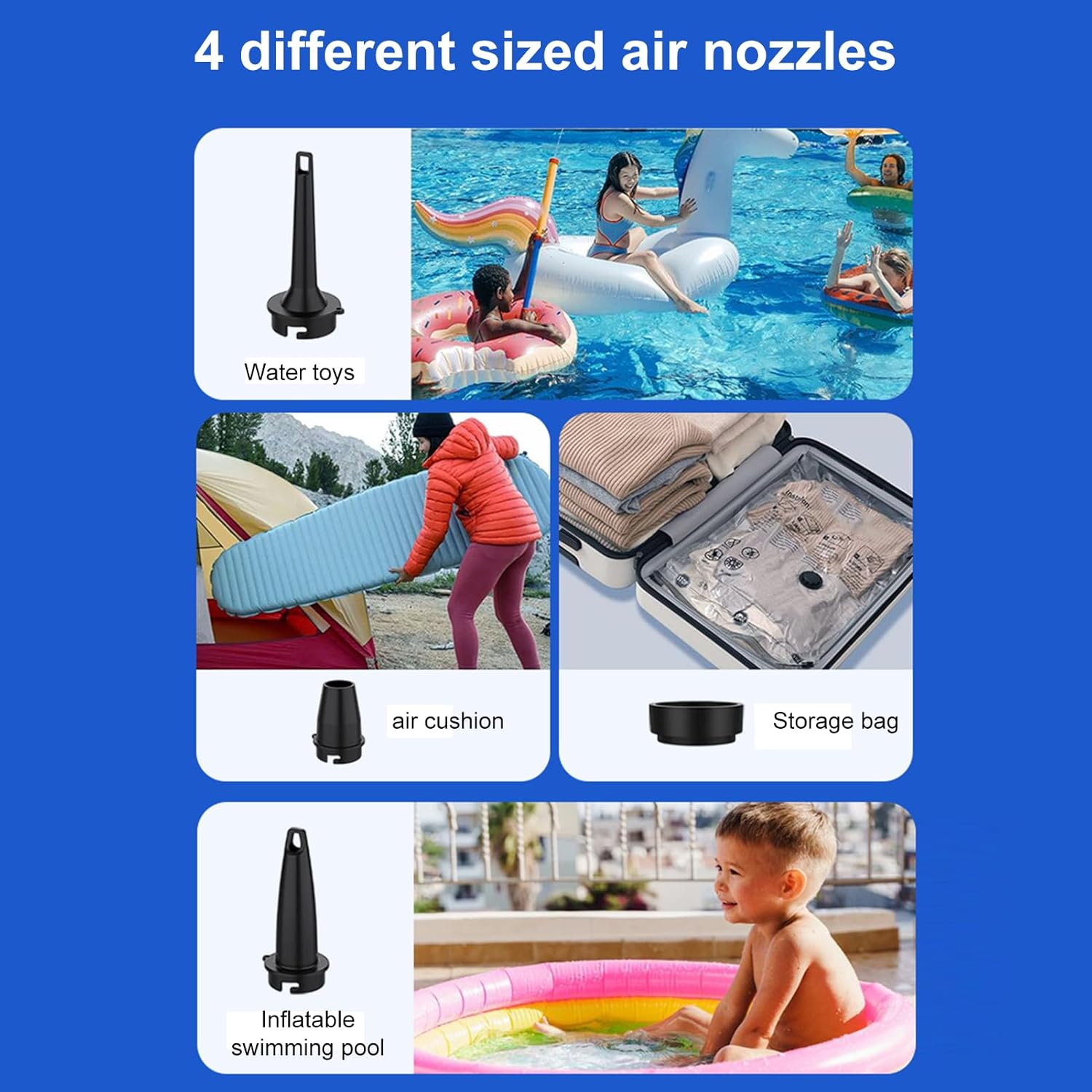 Vier verschiedene Luftdüsen für Wasserspielzeug, Luftkissen, Aufbewahrungsbeutel und Pools.
