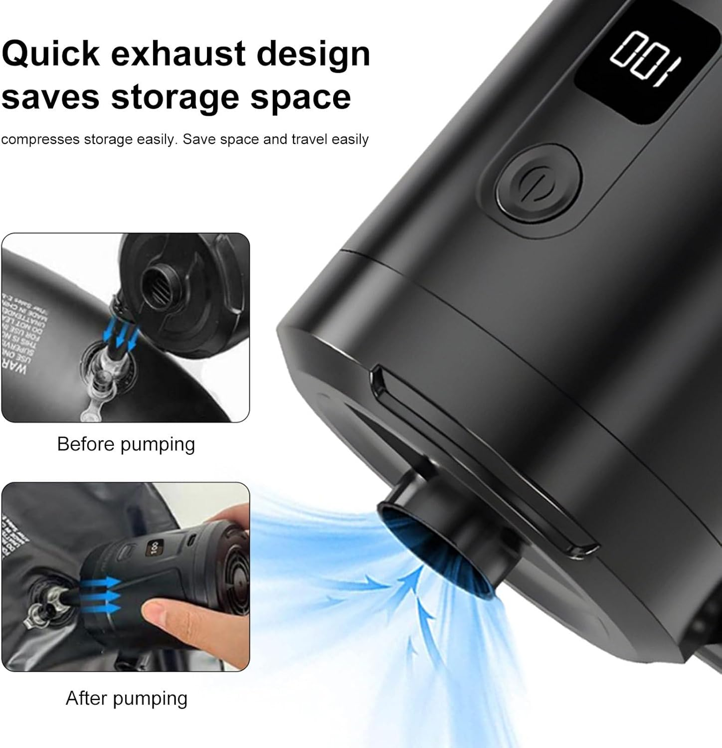 Schwarze Elektropumpe mit Digitalanzeige, zeigt vor/nach dem Aufpumpen.