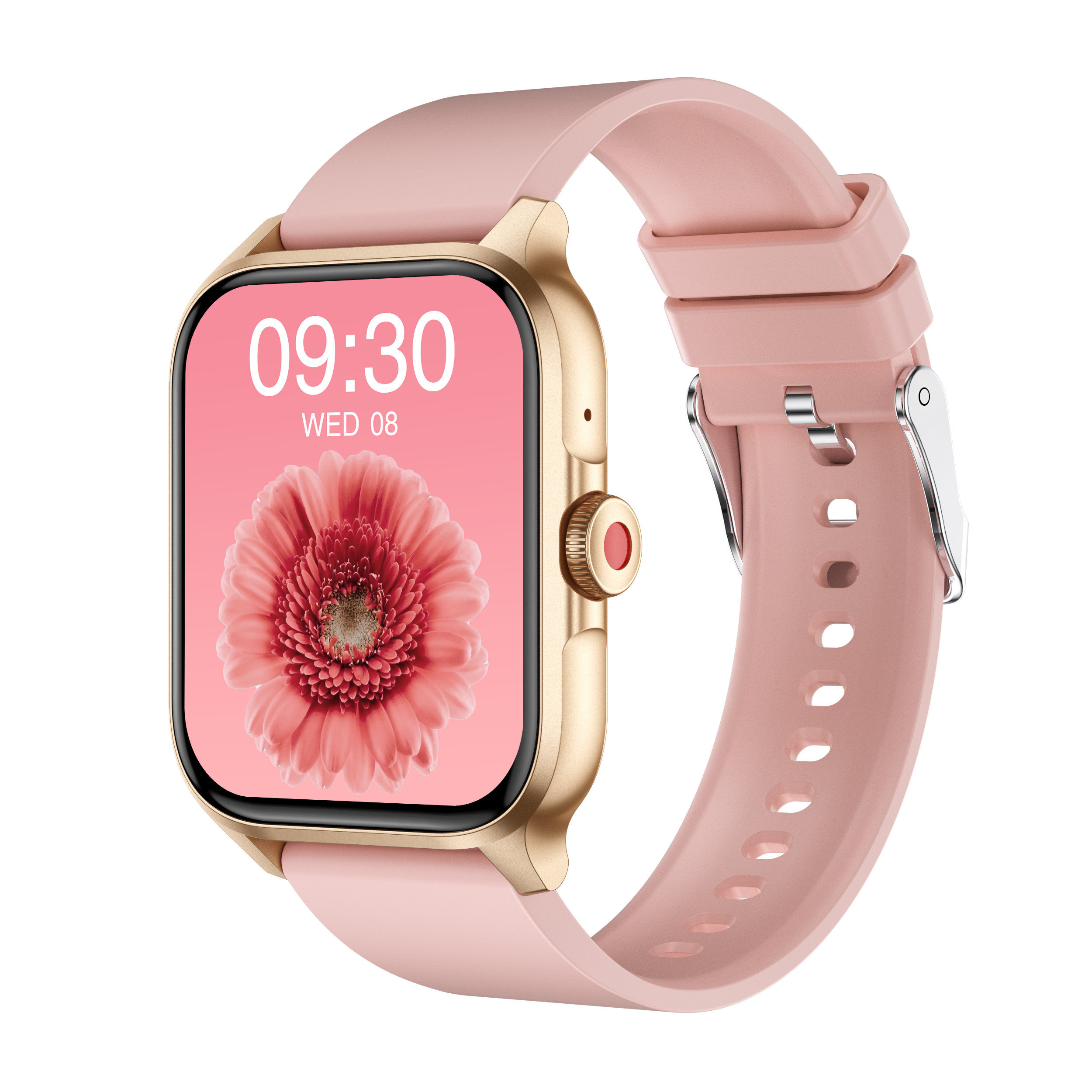 Eine rosa Smartwatch mit goldenem Gehäuse und einem Blumen-Zifferblatt.