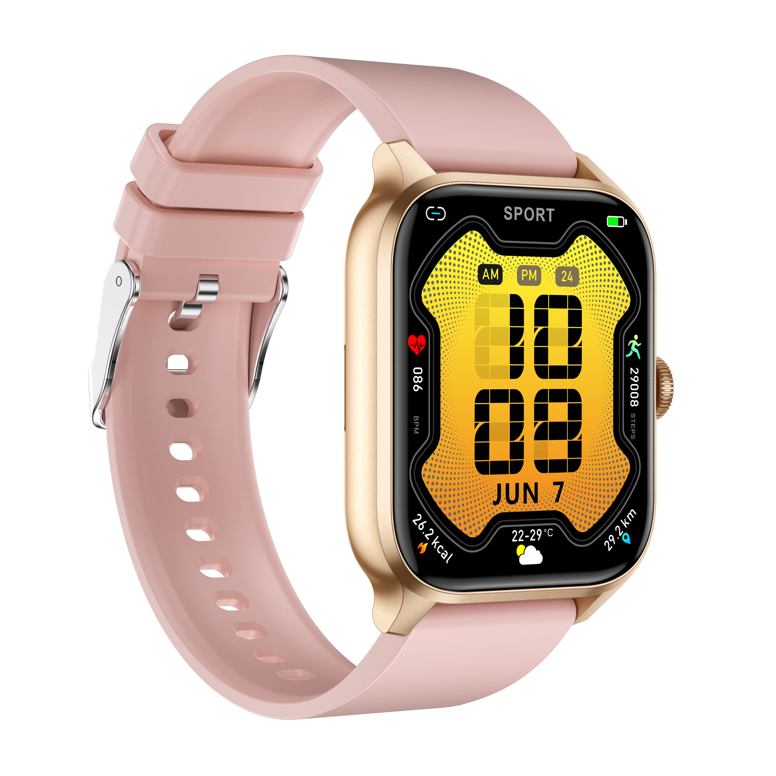 Goldene Smartwatch mit rosa Armband. Zeigt Zeit, Datum, Schritte, Herzfrequenz, kcal und Temperatur.