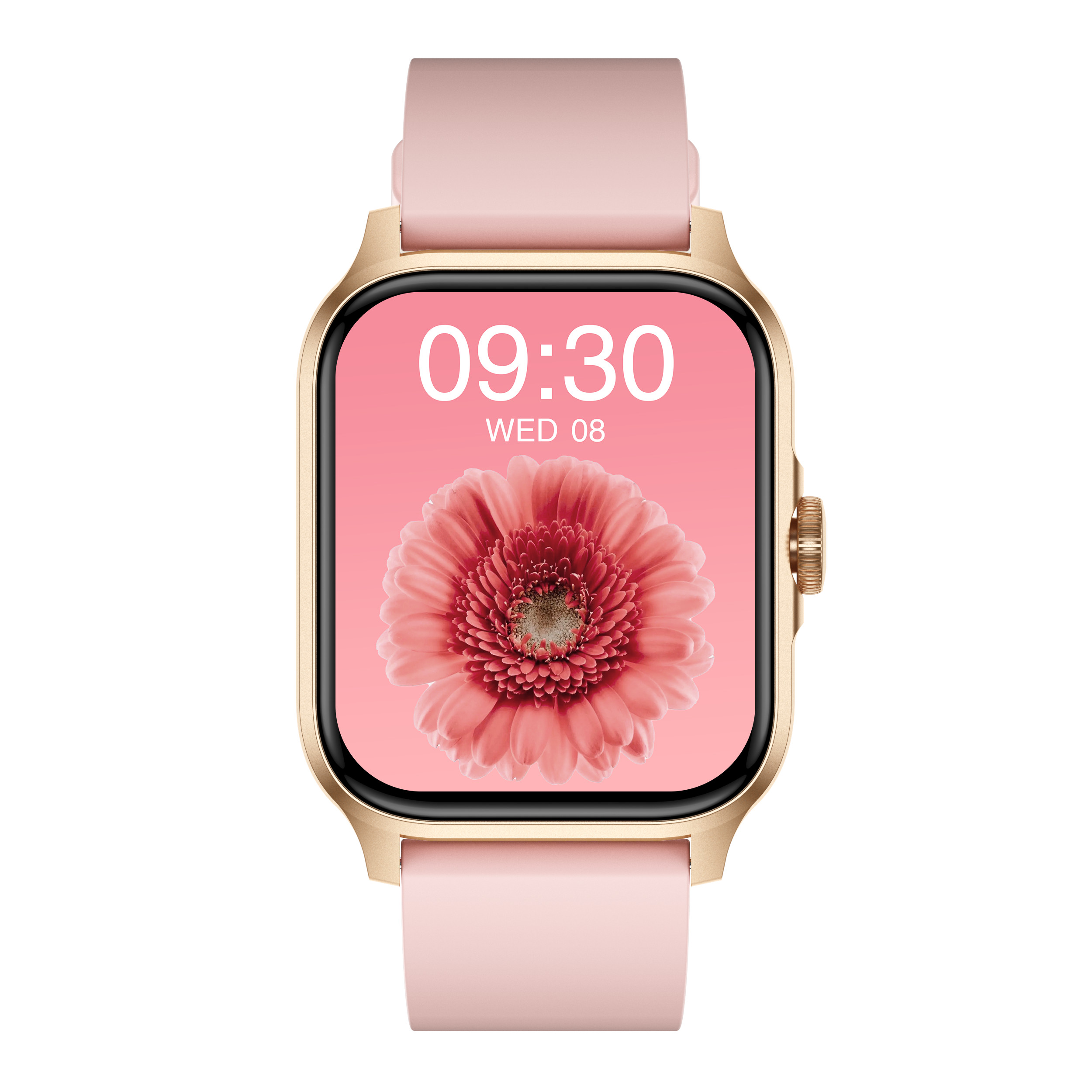 Eine pinke Smartwatch mit goldenem Gehäuse und Blumen-Zifferblatt.