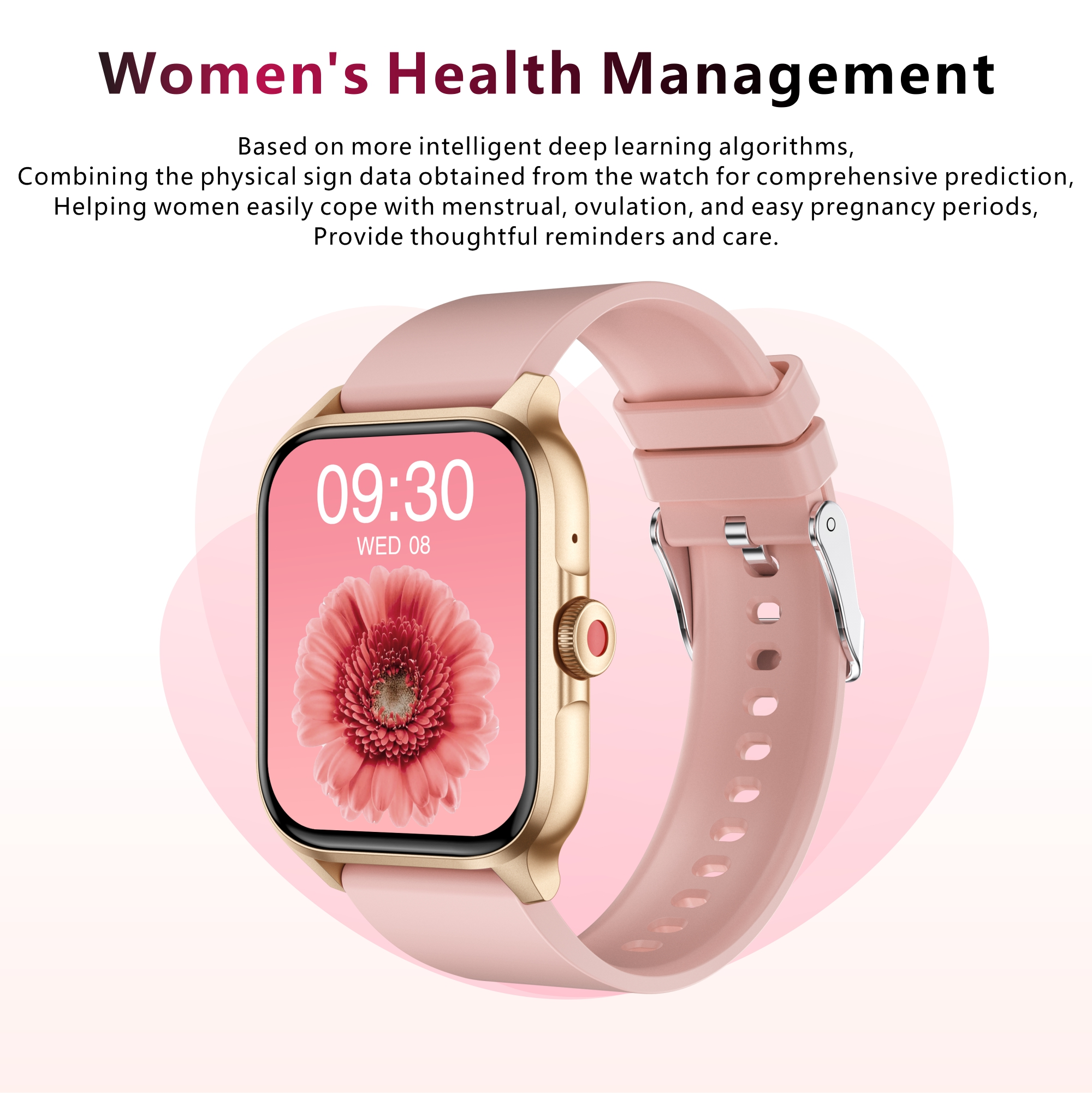 Goldene Smartwatch mit rosa Band zeigt 09:30 und eine rosa Blume. Für Frauengesundheit.