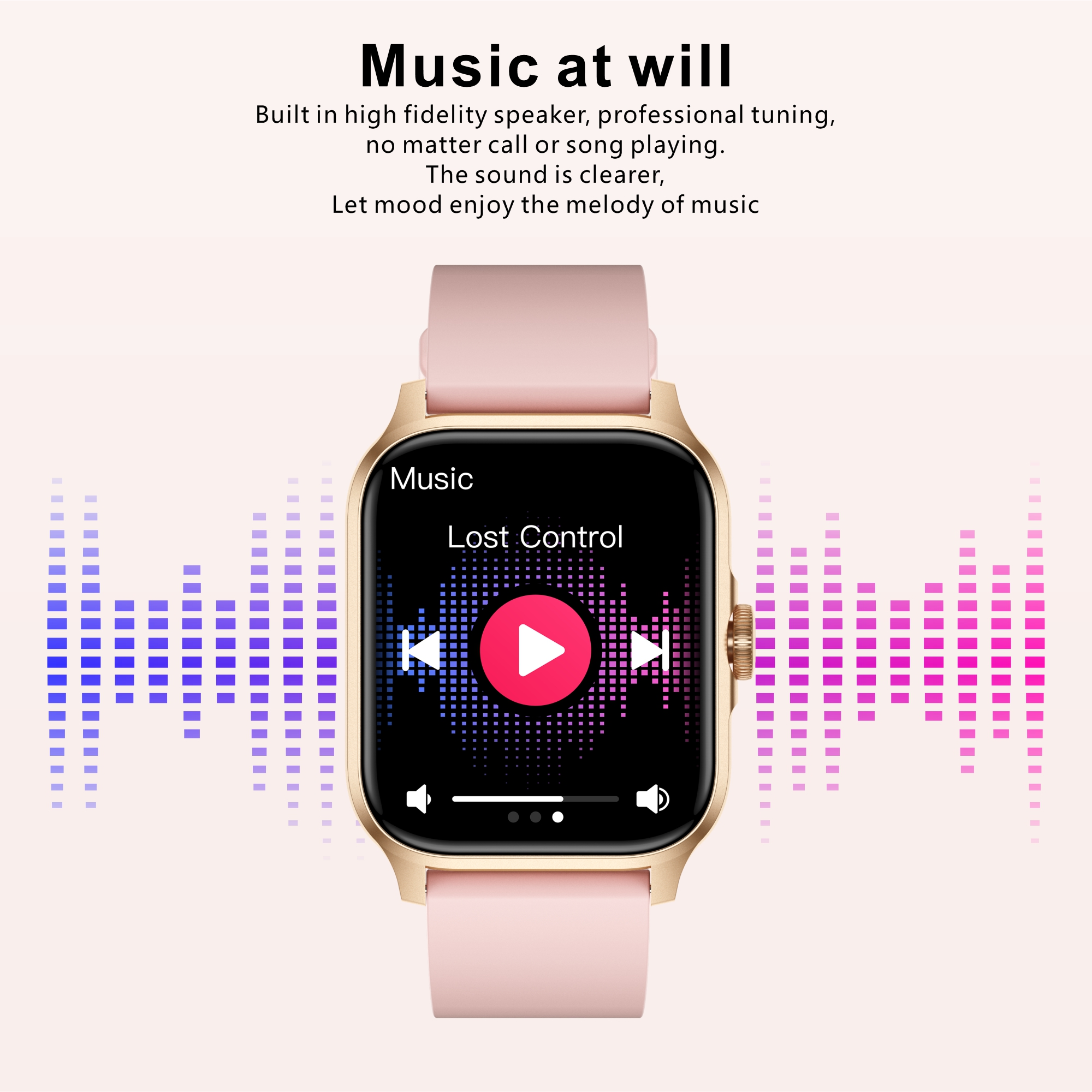 Goldene Smartwatch mit pinkem Armband spielt Musik mit Equalizer.