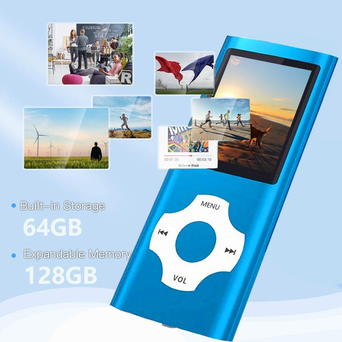 Blauer MP3-Player zeigt mehrere Bilder: Coworking-Bereich, Flaggen, Läufer und Windturbinen.