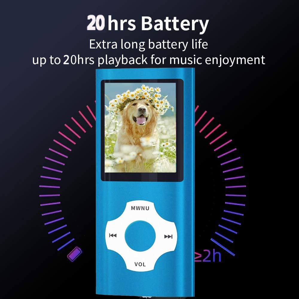 Blauer MP3-Player mit Hundebild und Akku-Info 20h.