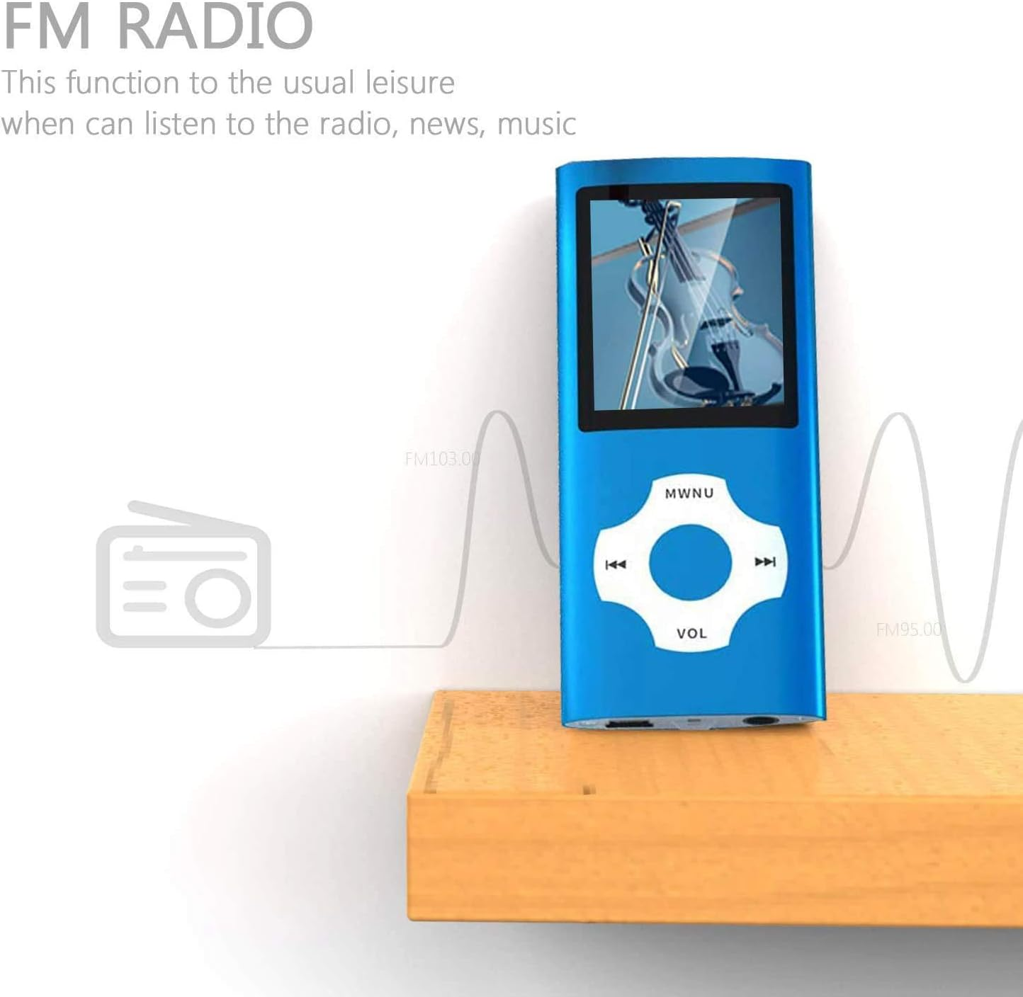 Ein blauer MP3-Player mit einem Violinenbild auf dem Bildschirm, auf einem Regal.