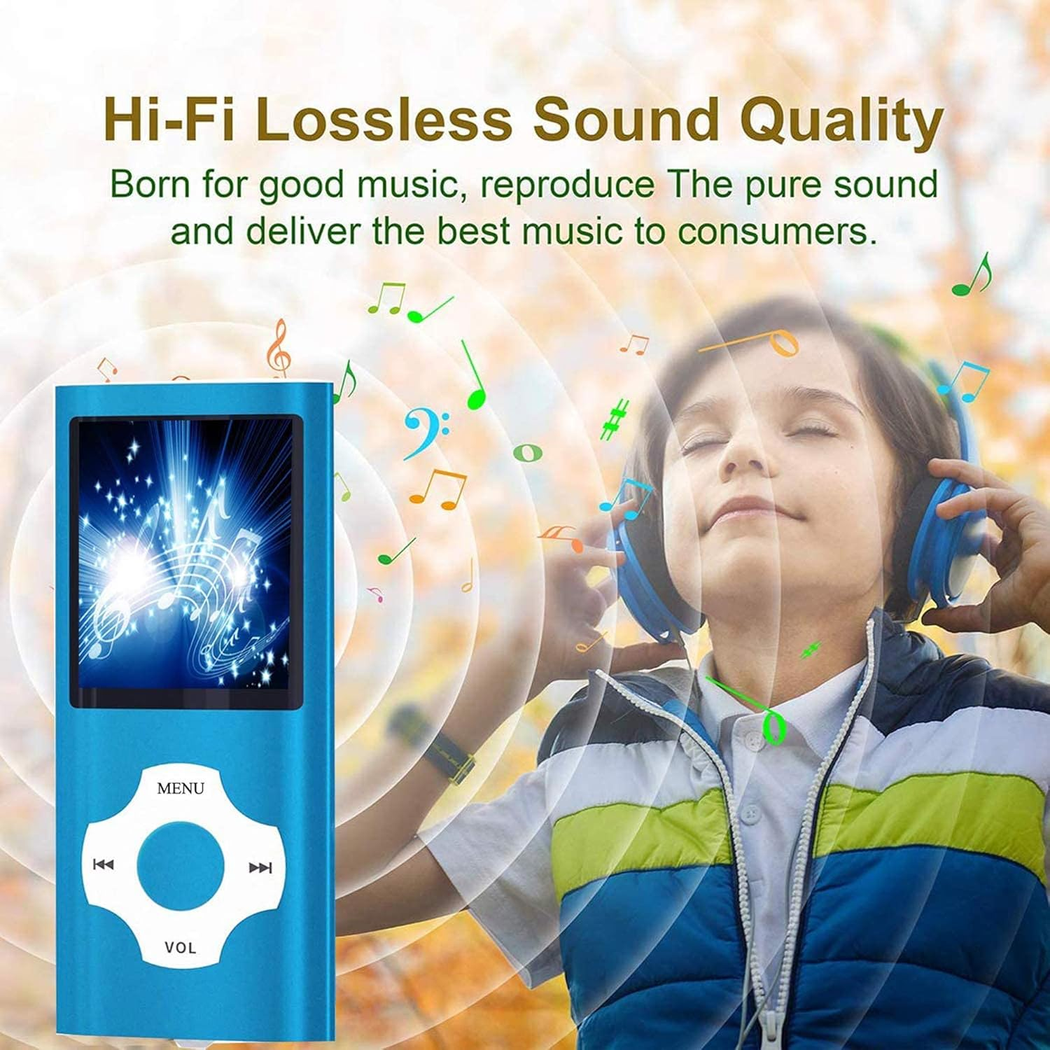 Ein Junge mit Kopfhörern hört Musik von einem blauen MP3-Player.