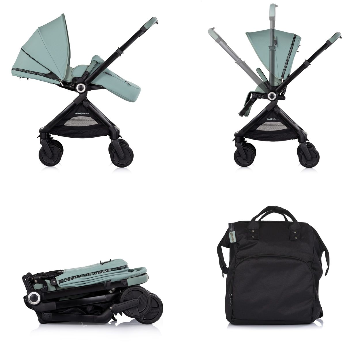 Ein Kinderwagen in zwei Positionen, zusammengeklappt und eine Wickeltasche.