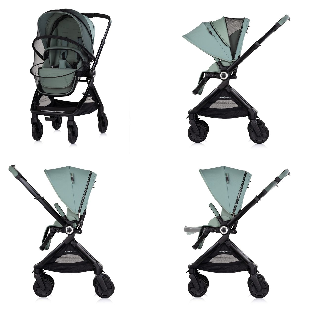 Ein grüner Kinderwagen mit schwarzem Rahmen und Netzverdeck, verschiedene Ansichten.