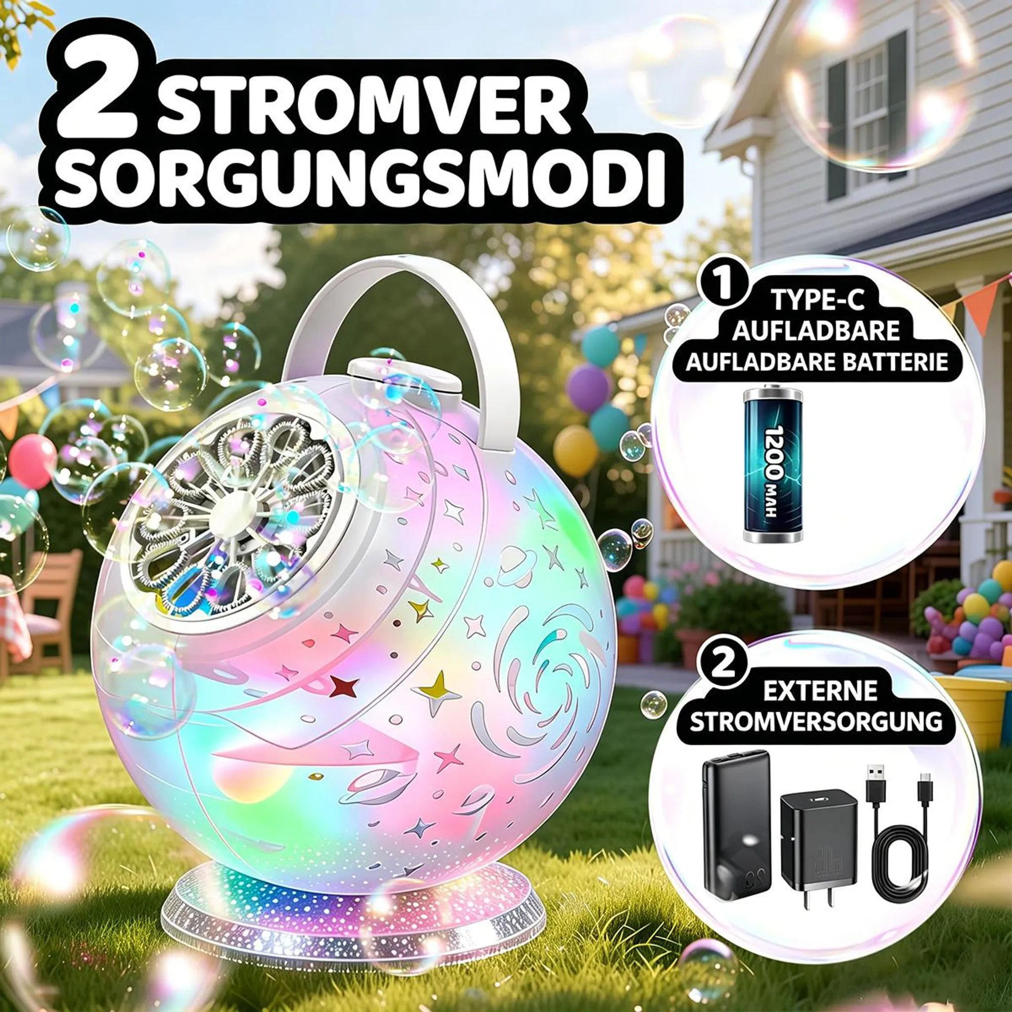 Bunte Seifenblasenmaschine im Freien, mit zwei Stromversorgungsmodi.