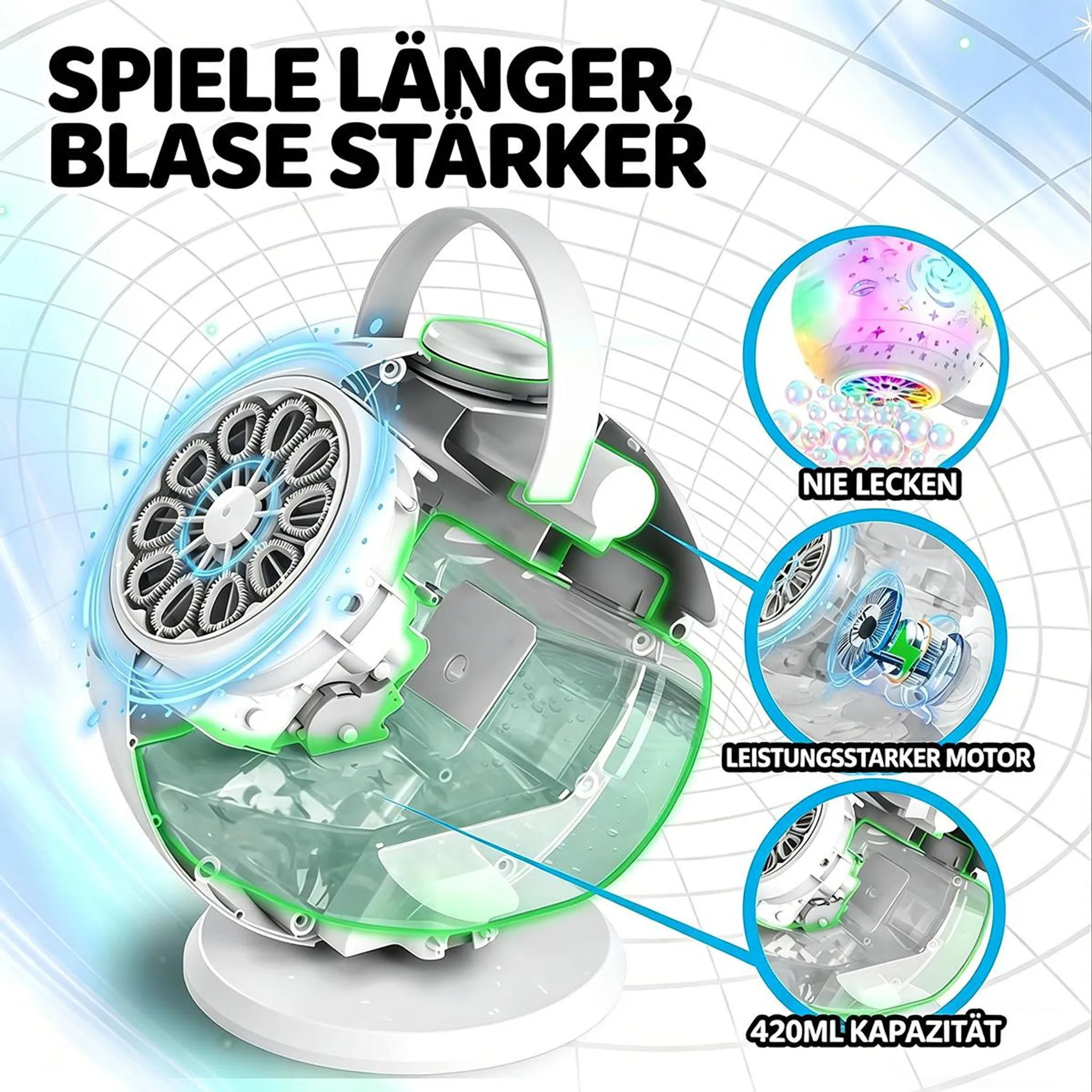 Ein durchsichtiger Seifenblasenmacher mit leistungsstarkem Motor und LED-Lichtern.
