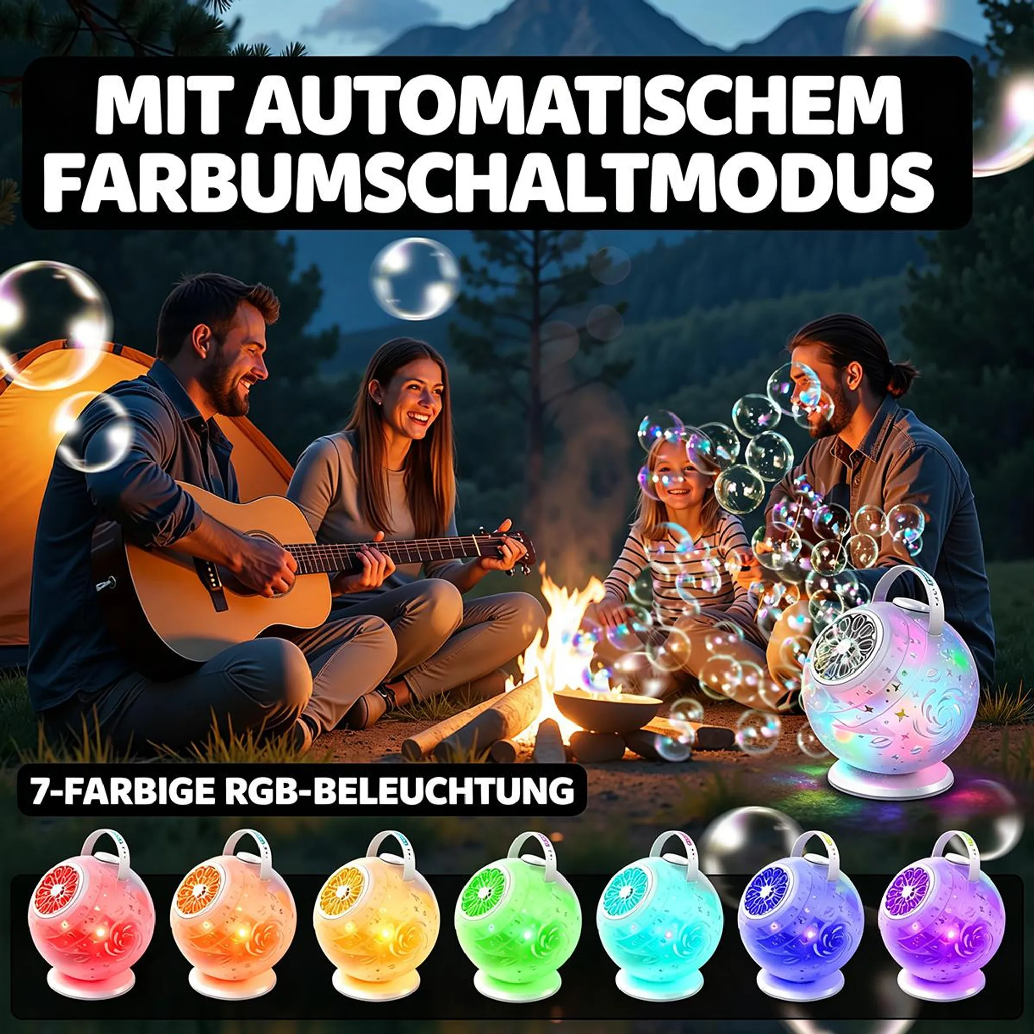 Familie am Lagerfeuer mit Gitarre, im Hintergrund Berge und ein Bubble-Maker.