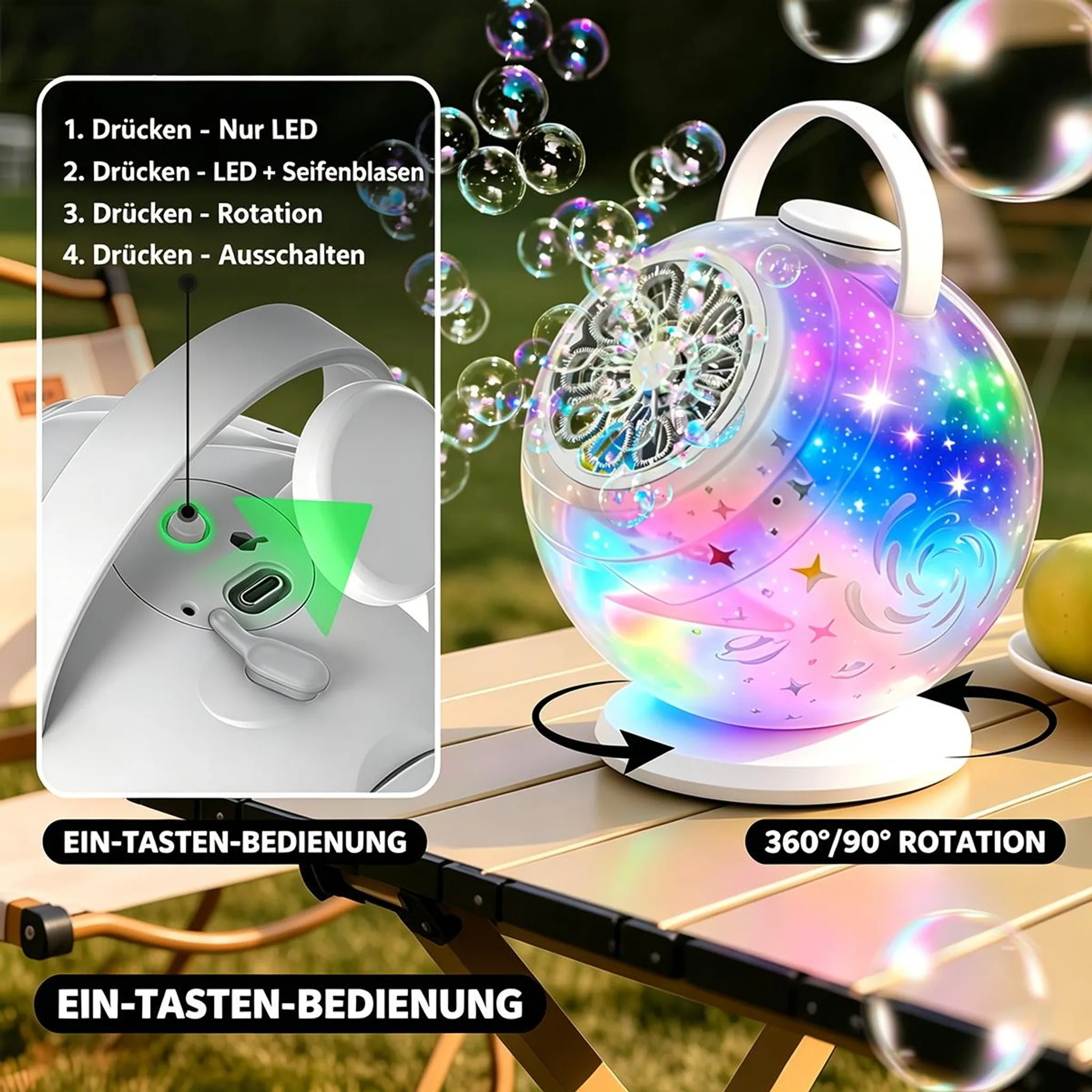 Ein runder Seifenblasenmacher mit bunten Lichtern und Blasen. Links ist die Bedienung.