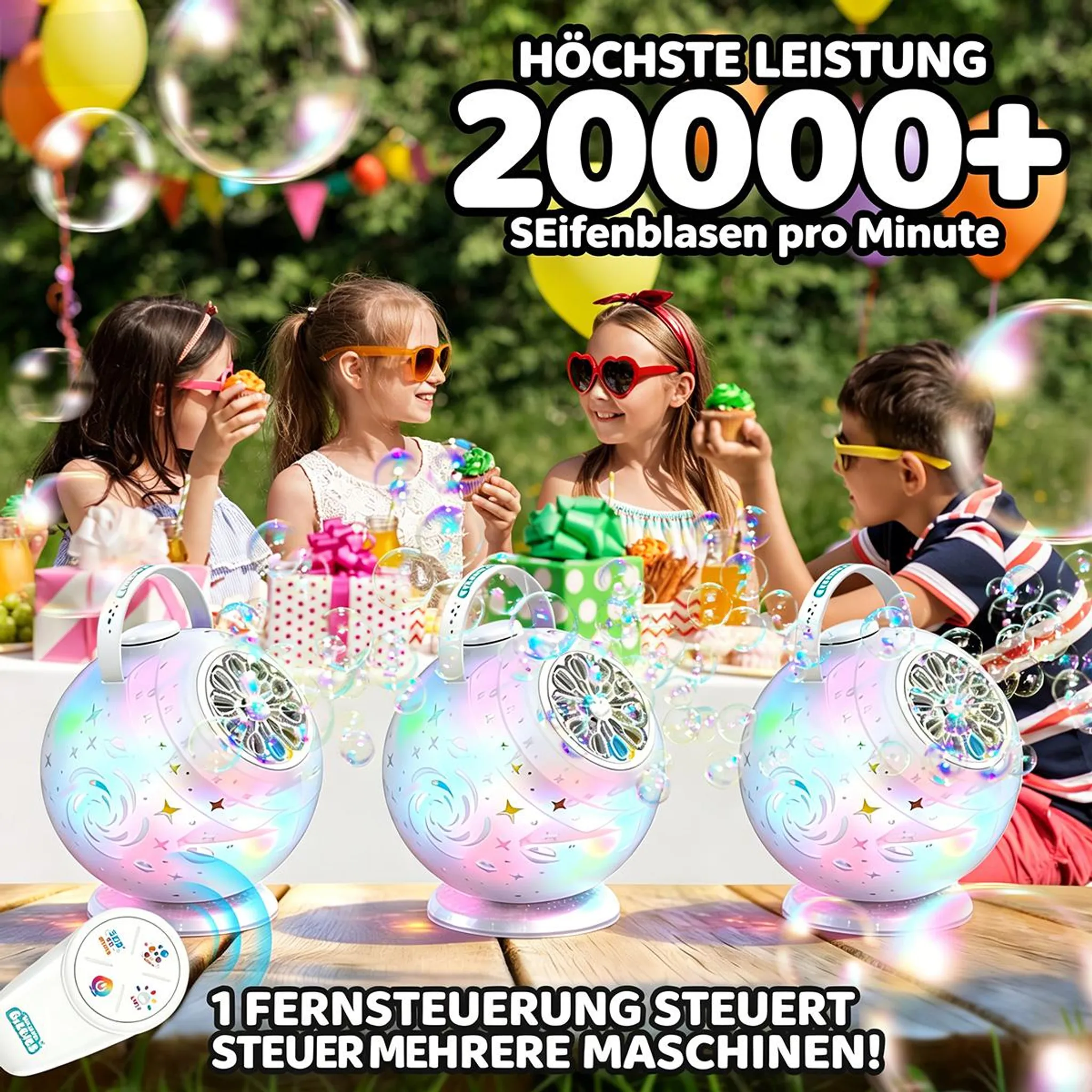 Vier Kinder mit Sonnenbrillen genießen eine Geburtstagsparty mit Seifenblasenmaschinen, Ballons und Geschenken.