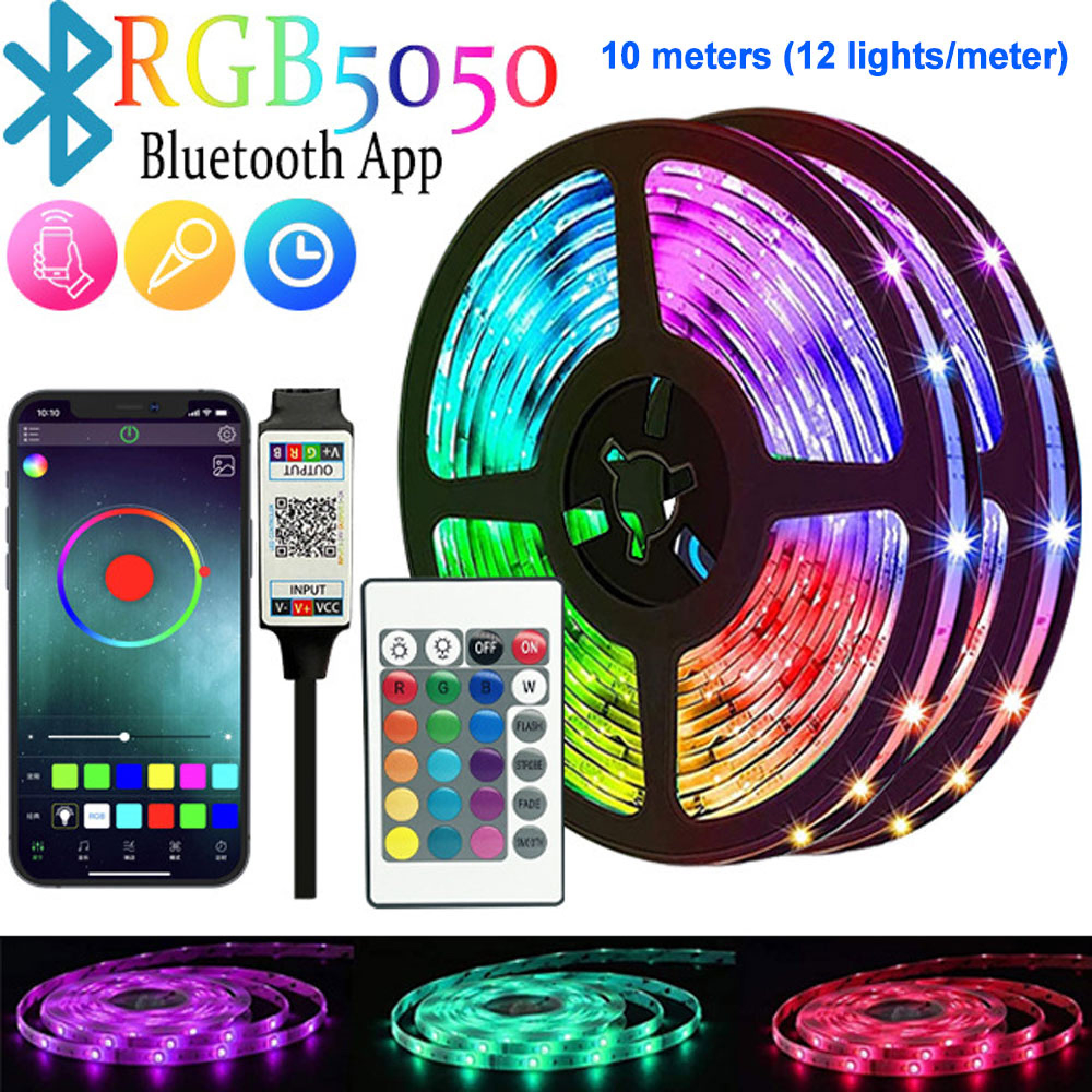 RGB 5050 LED-Streifen mit Fernbedienung, App-Steuerung und Netzteil.
