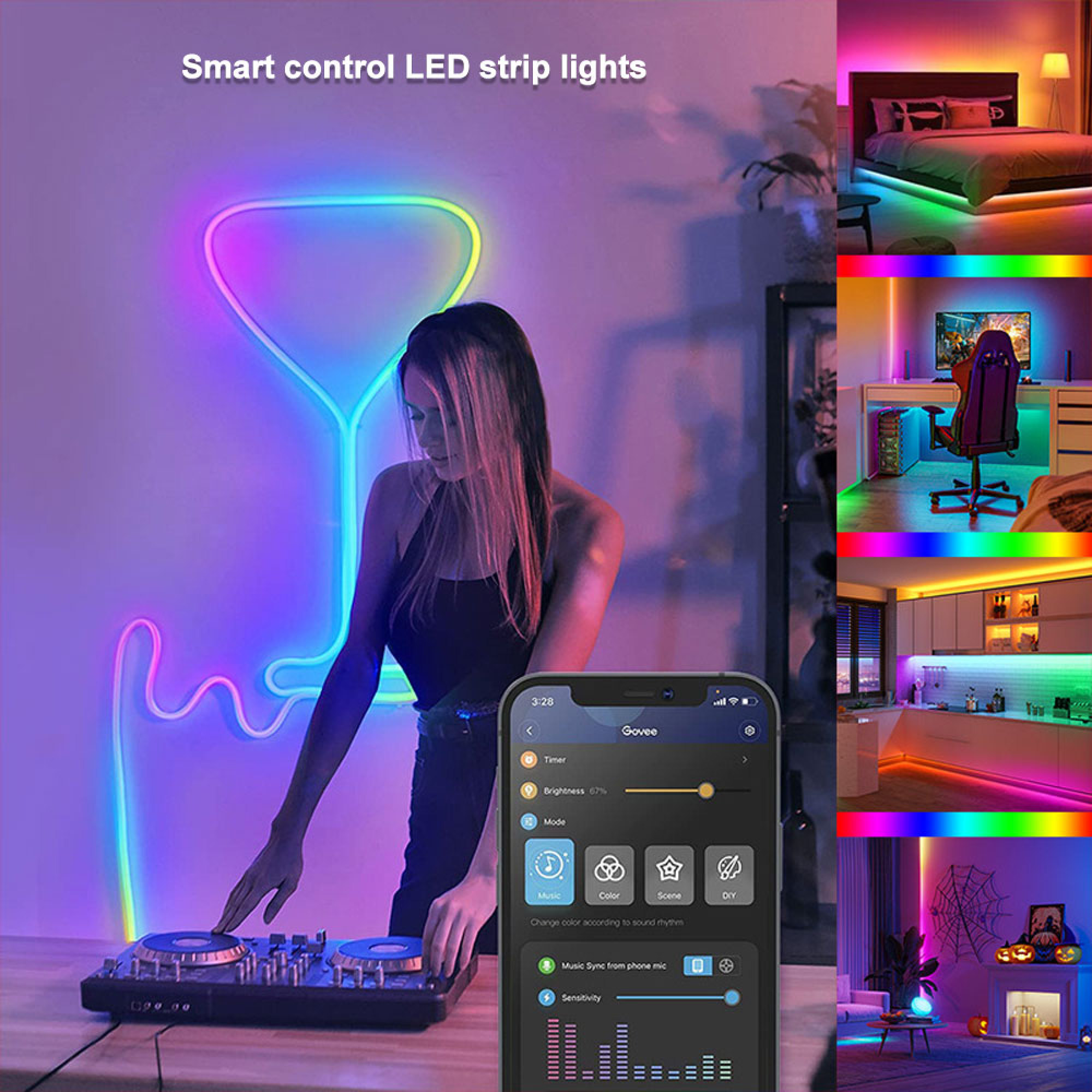 DJ legt auf, neben farbigen LED-Streifen und einer App zur Steuerung.