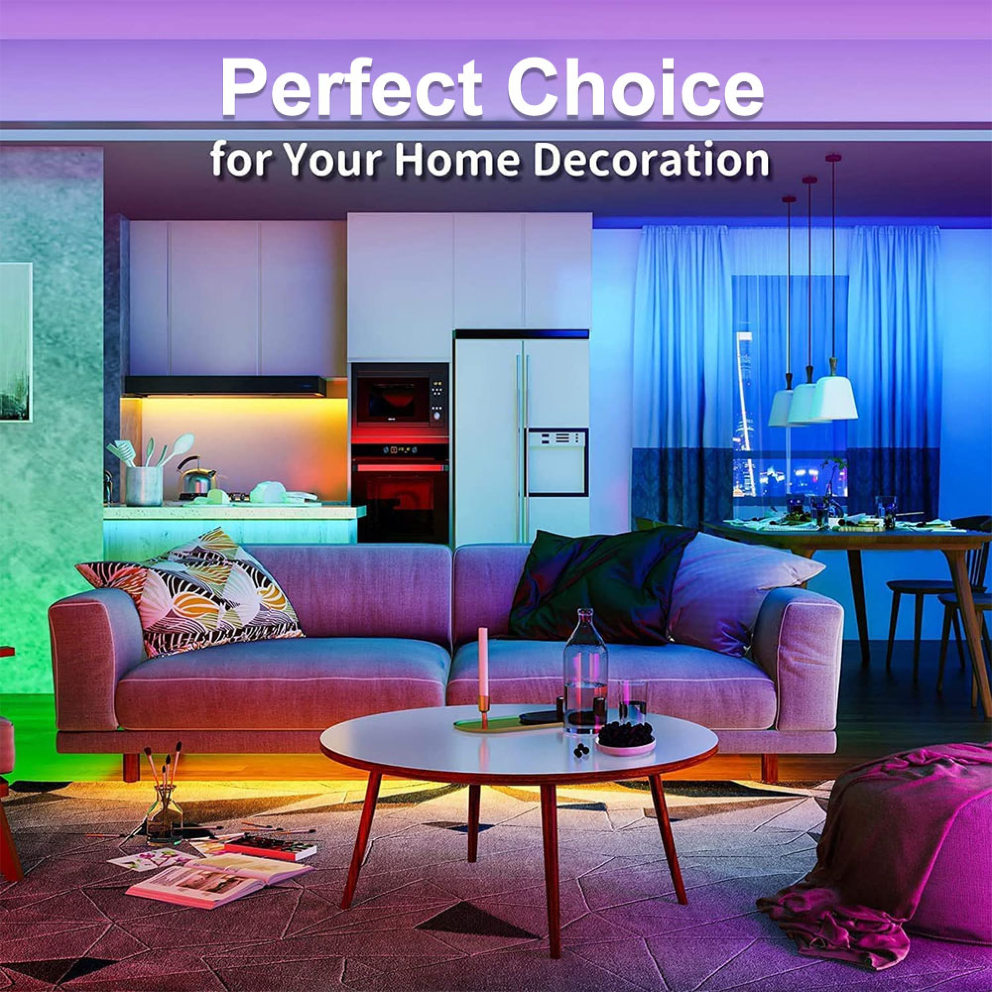 Modernes Wohnzimmer mit Sofa, Couchtisch und Essbereich, beleuchtet mit farbigen LED-Lichtern.