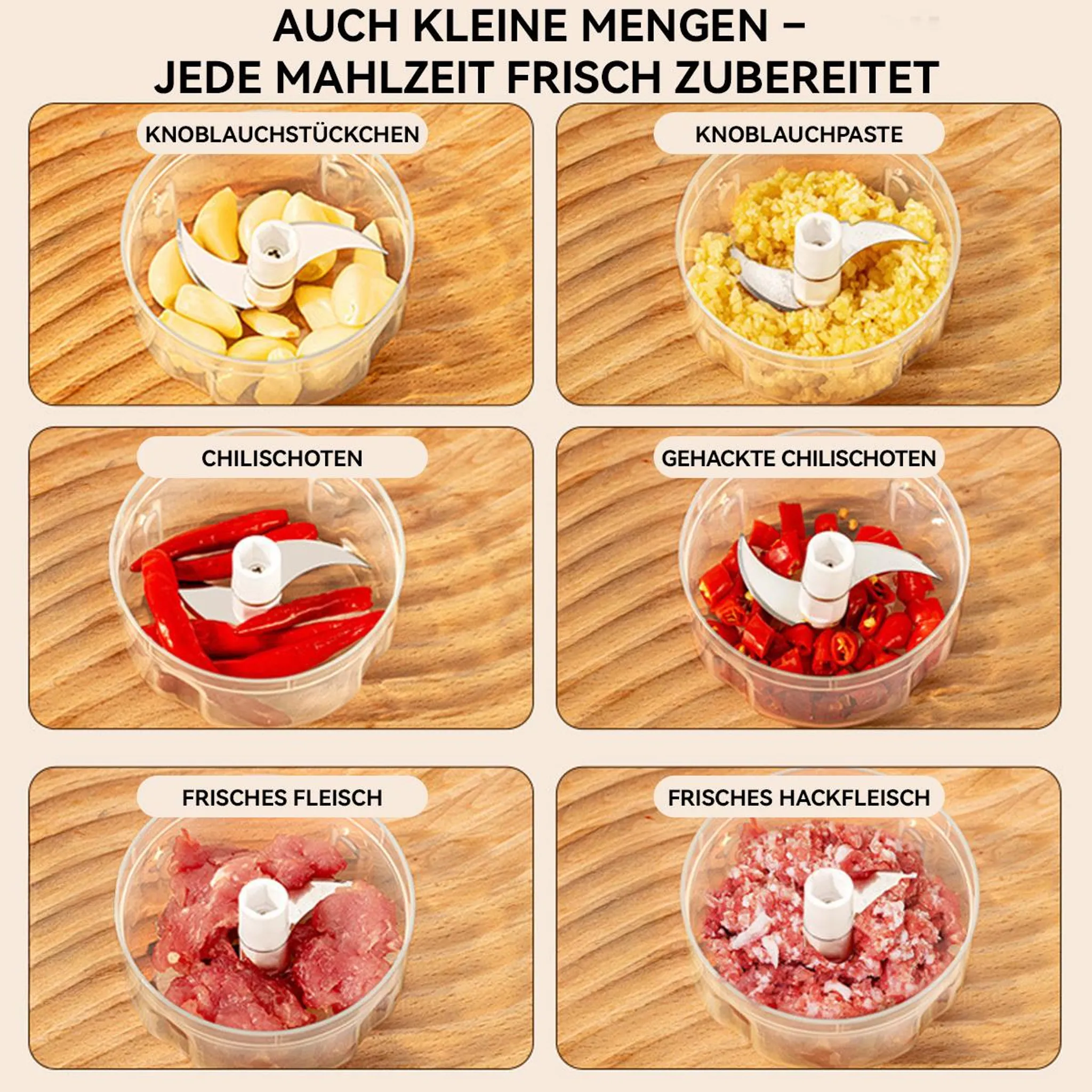 Sechs Bilder zeigen Knoblauchstücke, -paste, Chilis, gehackte Chilis, frisches Fleisch und Hackfleisch in einem Zerkleinerer.